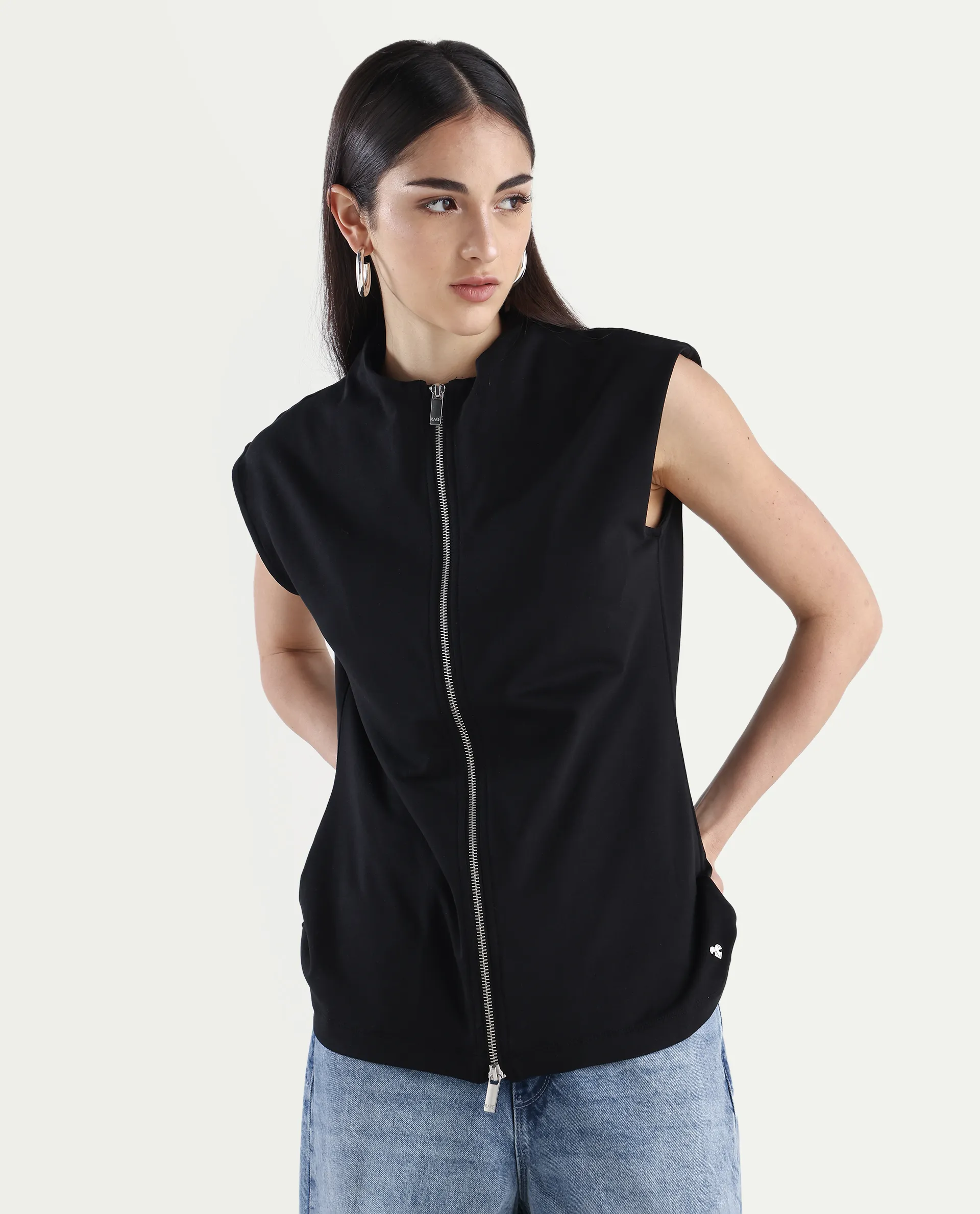 Rareism Women's Zuria Black Cotton Blend High Neck Dyed Extended Sleeves Relaxed Fit Sweatshirt - Image 3