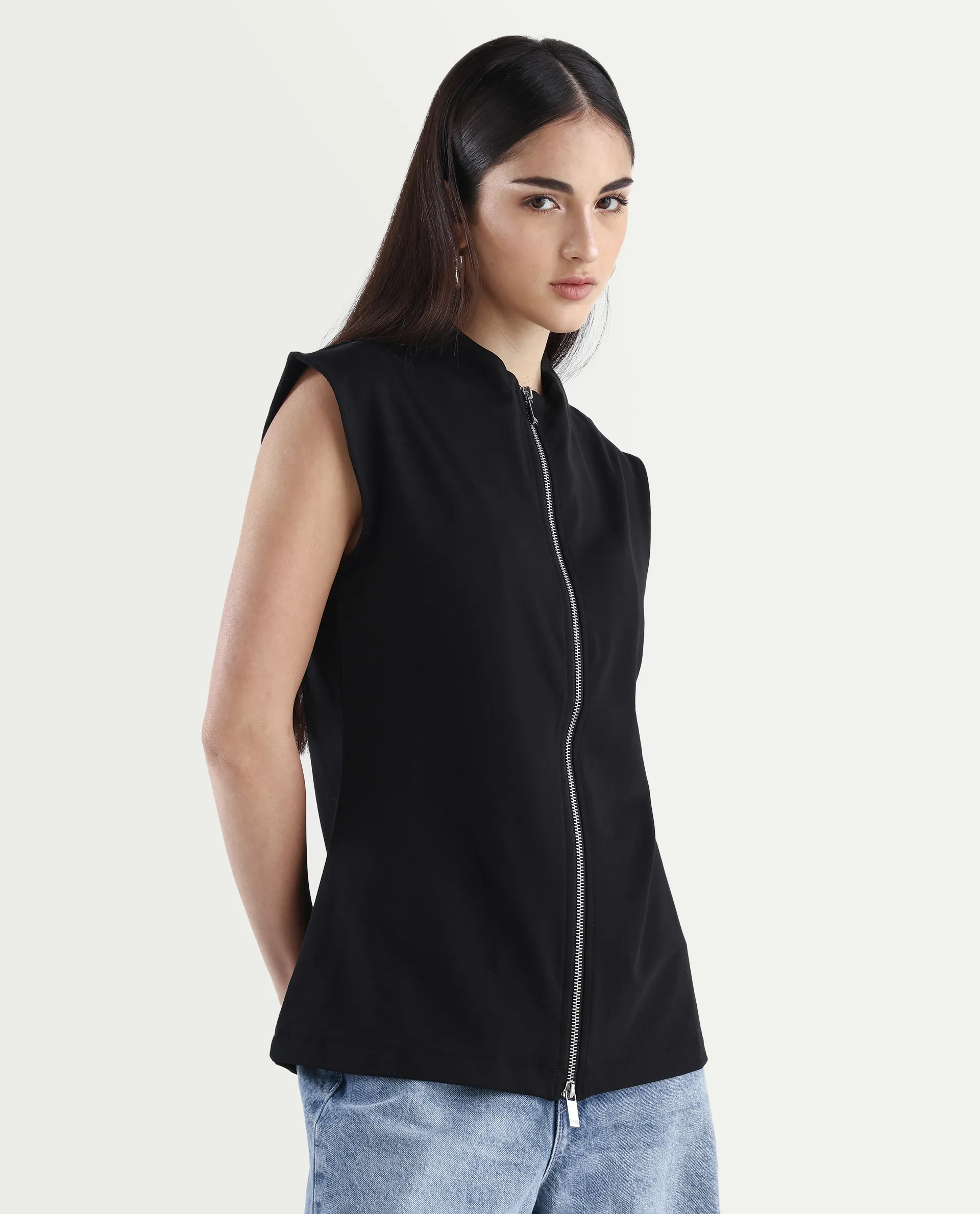 Rareism Women's Zuria Black Cotton Blend High Neck Dyed Extended Sleeves Relaxed Fit Sweatshirt - Image 6