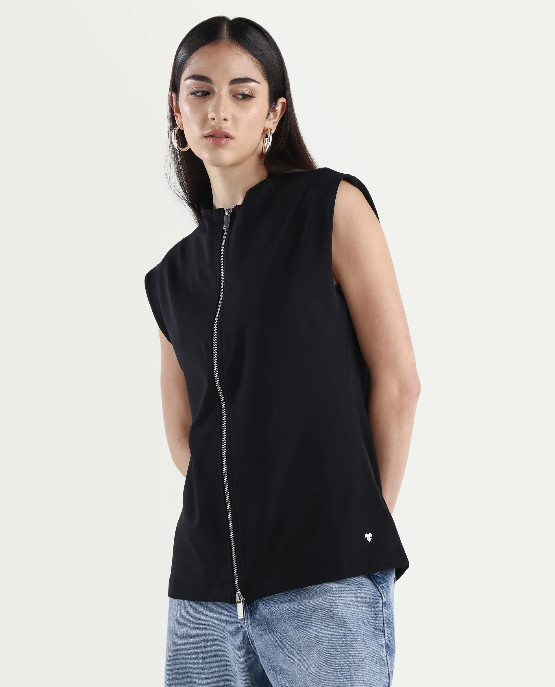 Rareism Women's Zuria Black Cotton Blend High Neck Dyed Extended Sleeves Relaxed Fit Sweatshirt - Image 7