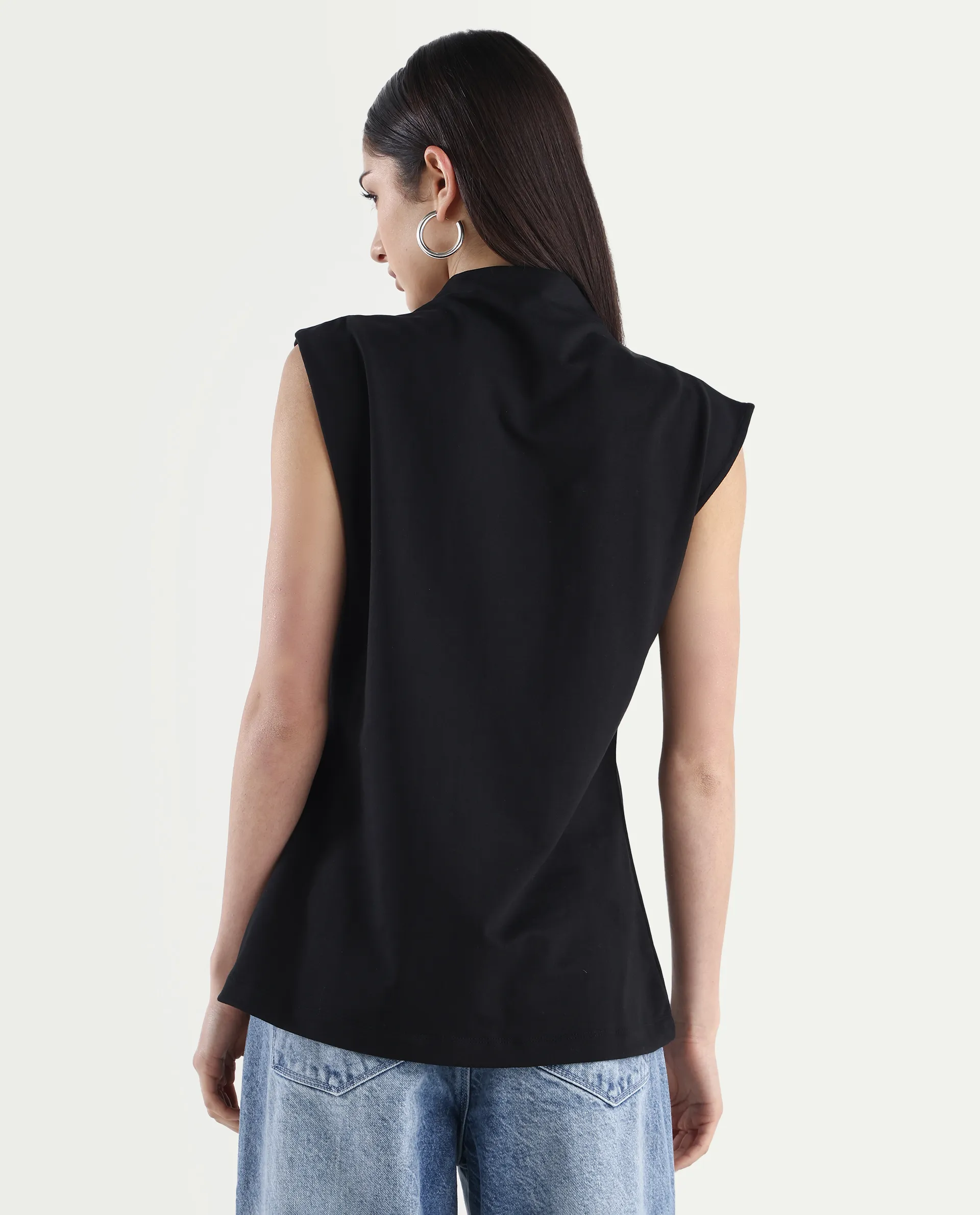Rareism Women's Zuria Black Cotton Blend High Neck Dyed Extended Sleeves Relaxed Fit Sweatshirt - Image 8