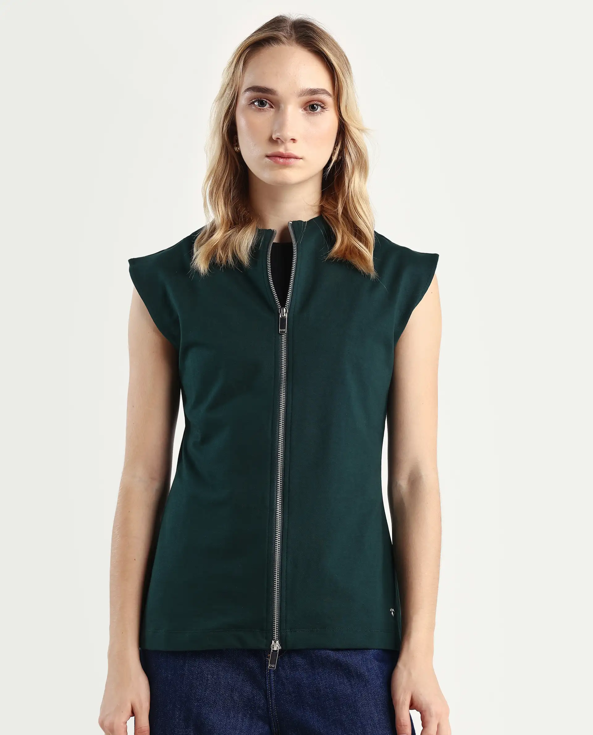 Rareism Women's Zuria Green Cotton Blend High Neck Dyed Extended Sleeves Relaxed Fit Sweatshirt - Image 3