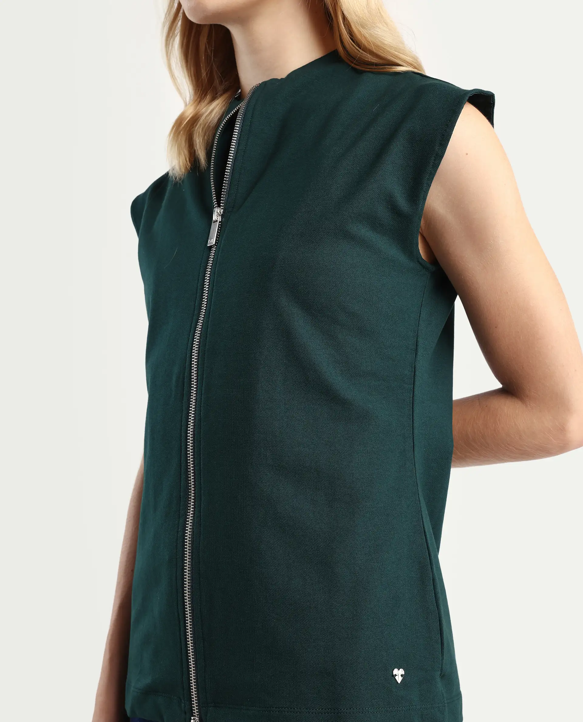 Rareism Women's Zuria Green Cotton Blend High Neck Dyed Extended Sleeves Relaxed Fit Sweatshirt - Image 4