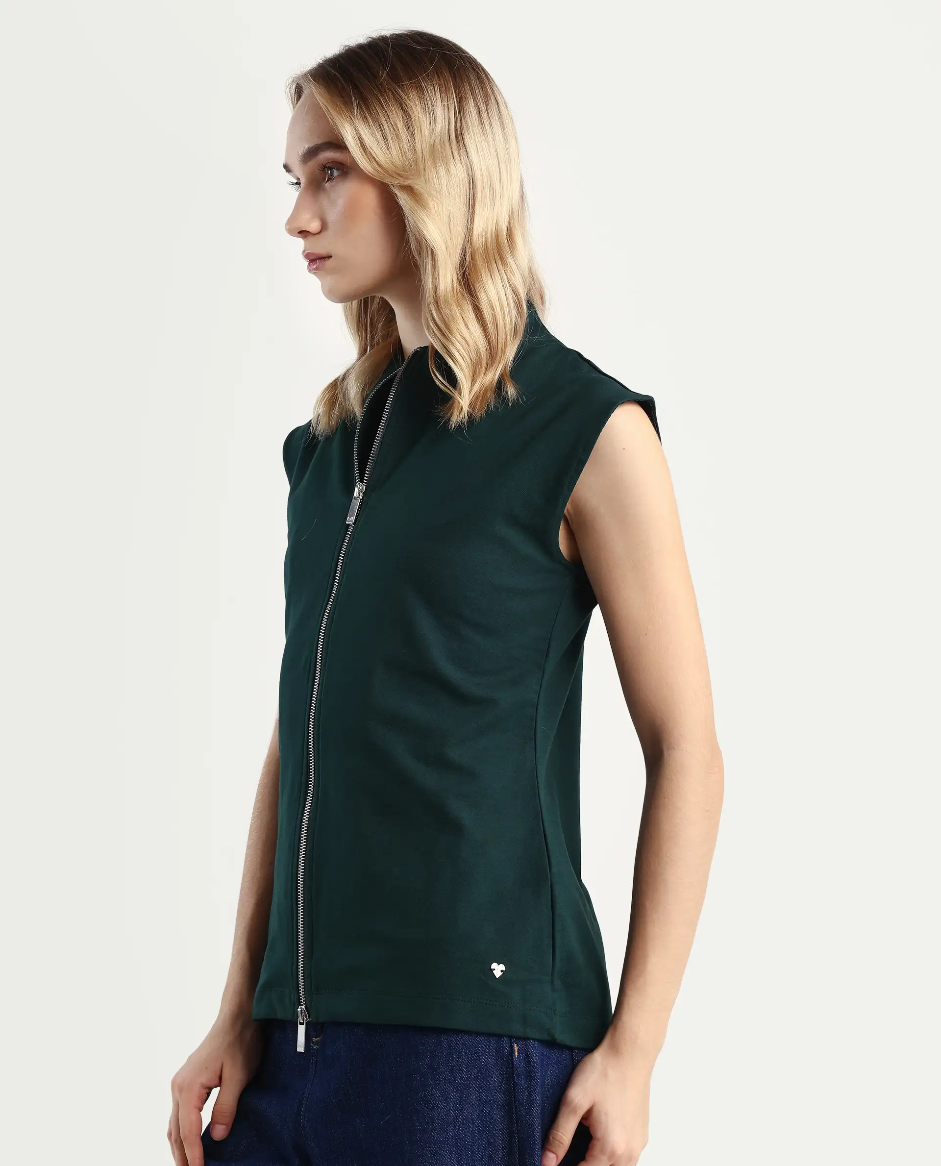 Rareism Women's Zuria Green Cotton Blend High Neck Dyed Extended Sleeves Relaxed Fit Sweatshirt - Image 5