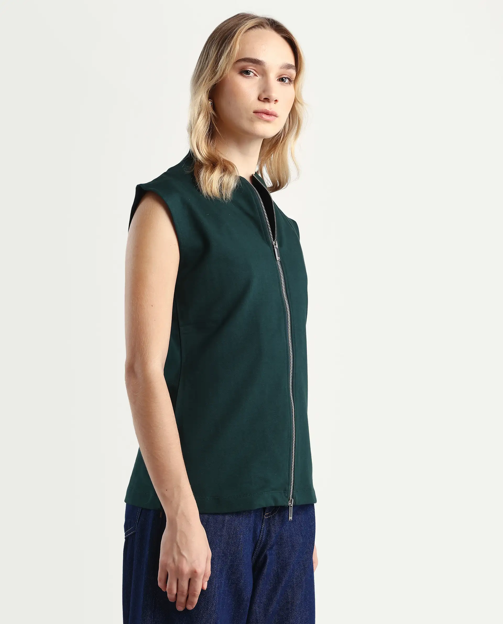 Rareism Women's Zuria Green Cotton Blend High Neck Dyed Extended Sleeves Relaxed Fit Sweatshirt - Image 6