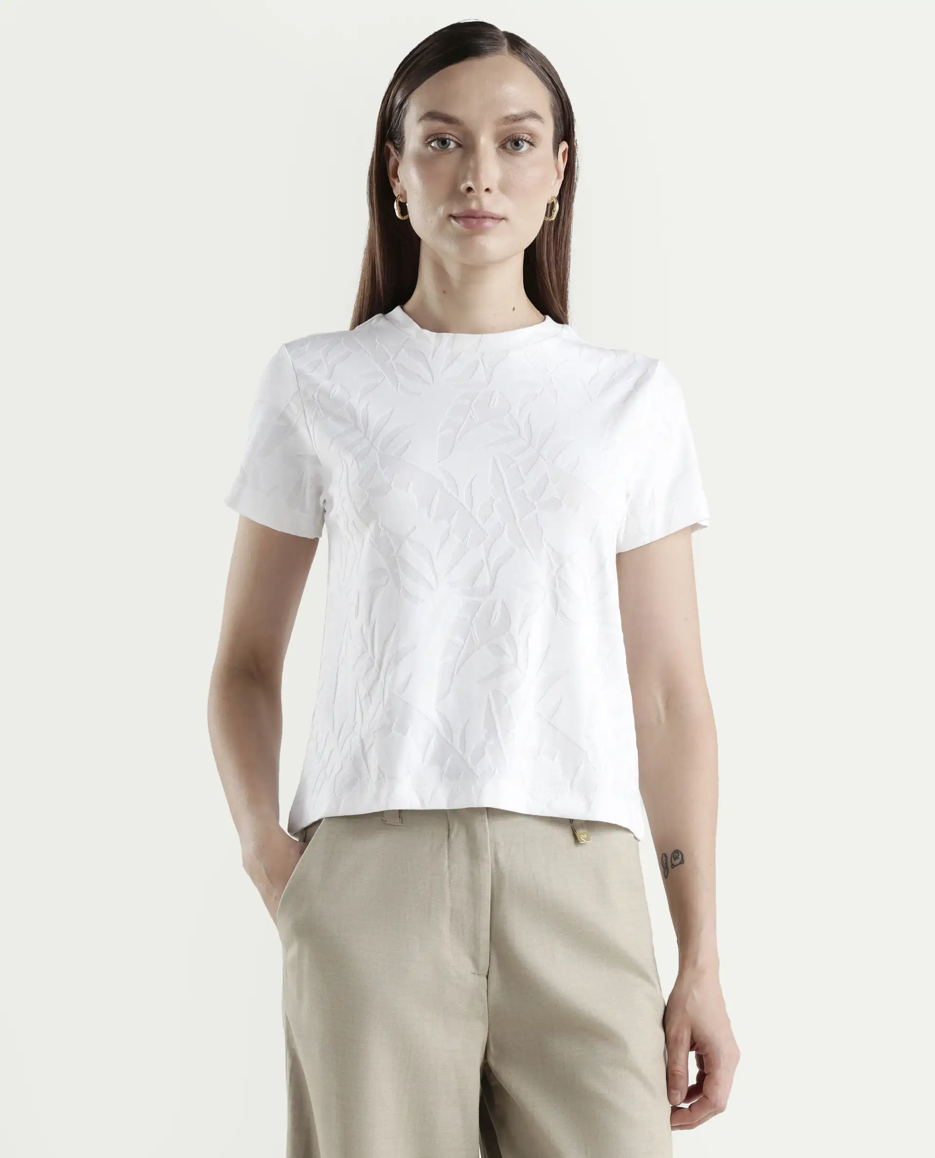 Rareism Women's Zurie Off White Cotton Blend Half Sleeve Crew Neck Regular Fit Jacquard T-Shirt - Image 3
