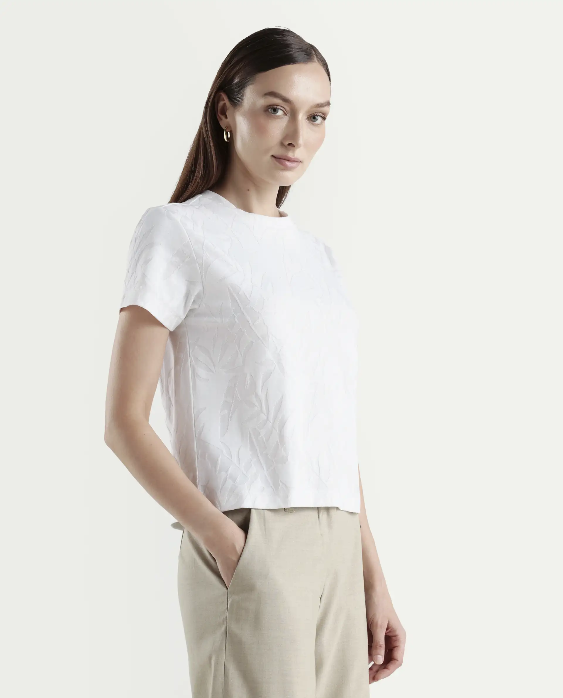 Rareism Women's Zurie Off White Cotton Blend Half Sleeve Crew Neck Regular Fit Jacquard T-Shirt - Image 6