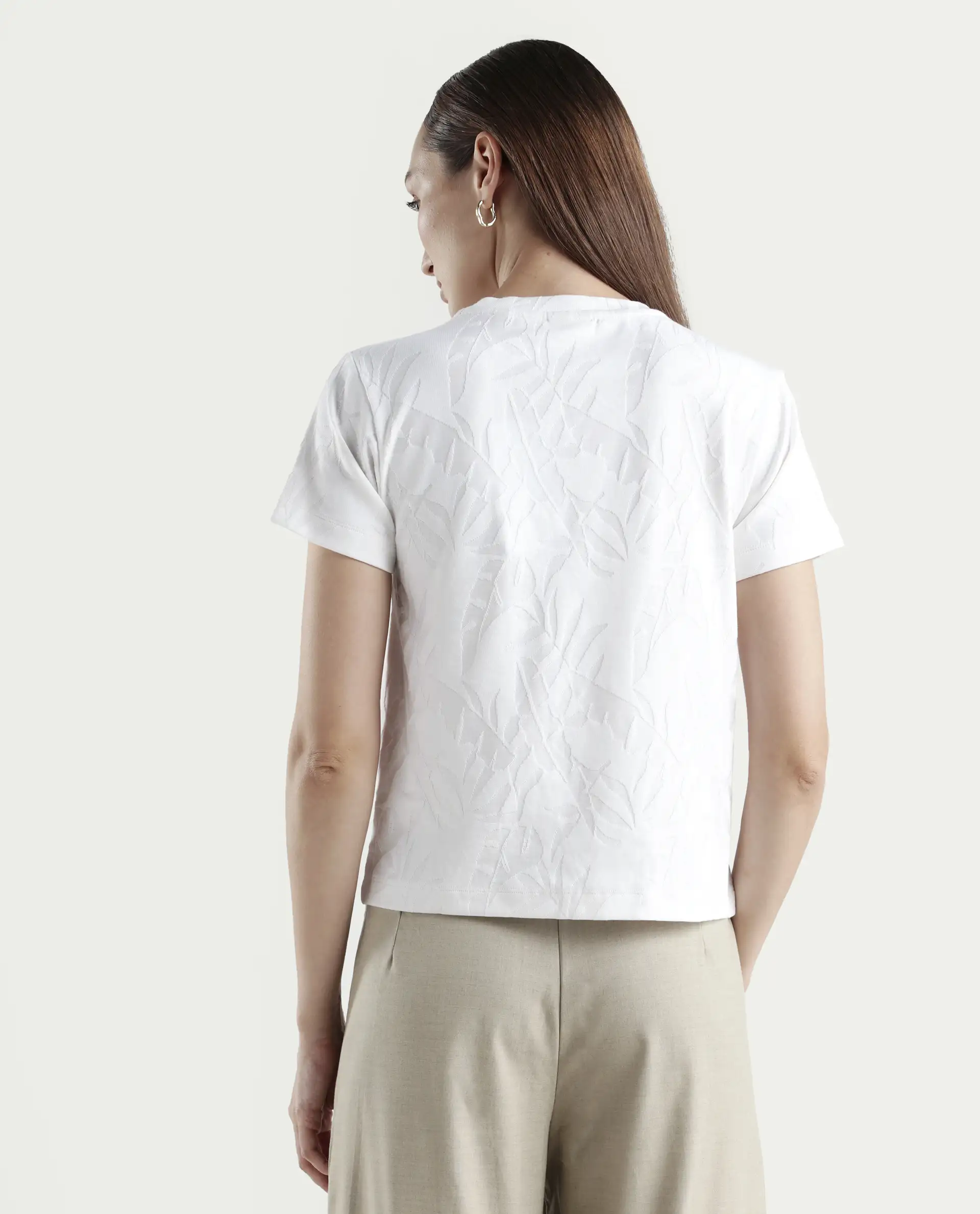 Rareism Women's Zurie Off White Cotton Blend Half Sleeve Crew Neck Regular Fit Jacquard T-Shirt - Image 7