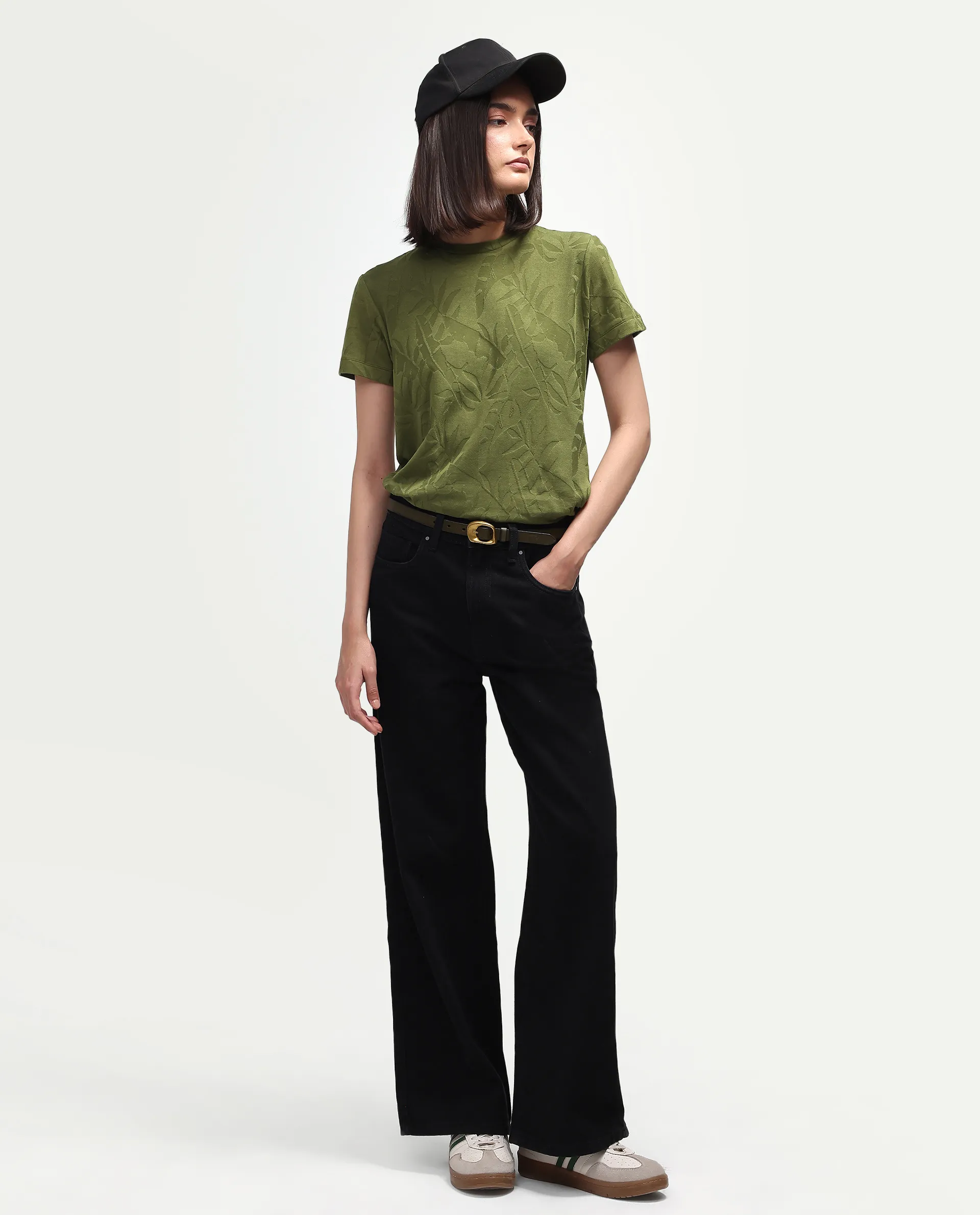 Rareism Women's Zurie Olive Cotton Blend Half Sleeve Crew Neck Regular Fit Jacquard T-Shirt - Image 2