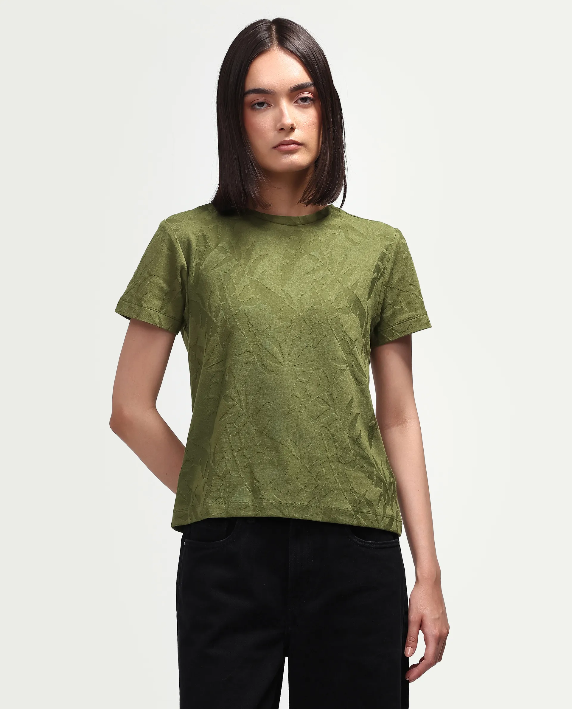 Rareism Women's Zurie Olive Cotton Blend Half Sleeve Crew Neck Regular Fit Jacquard T-Shirt - Image 3