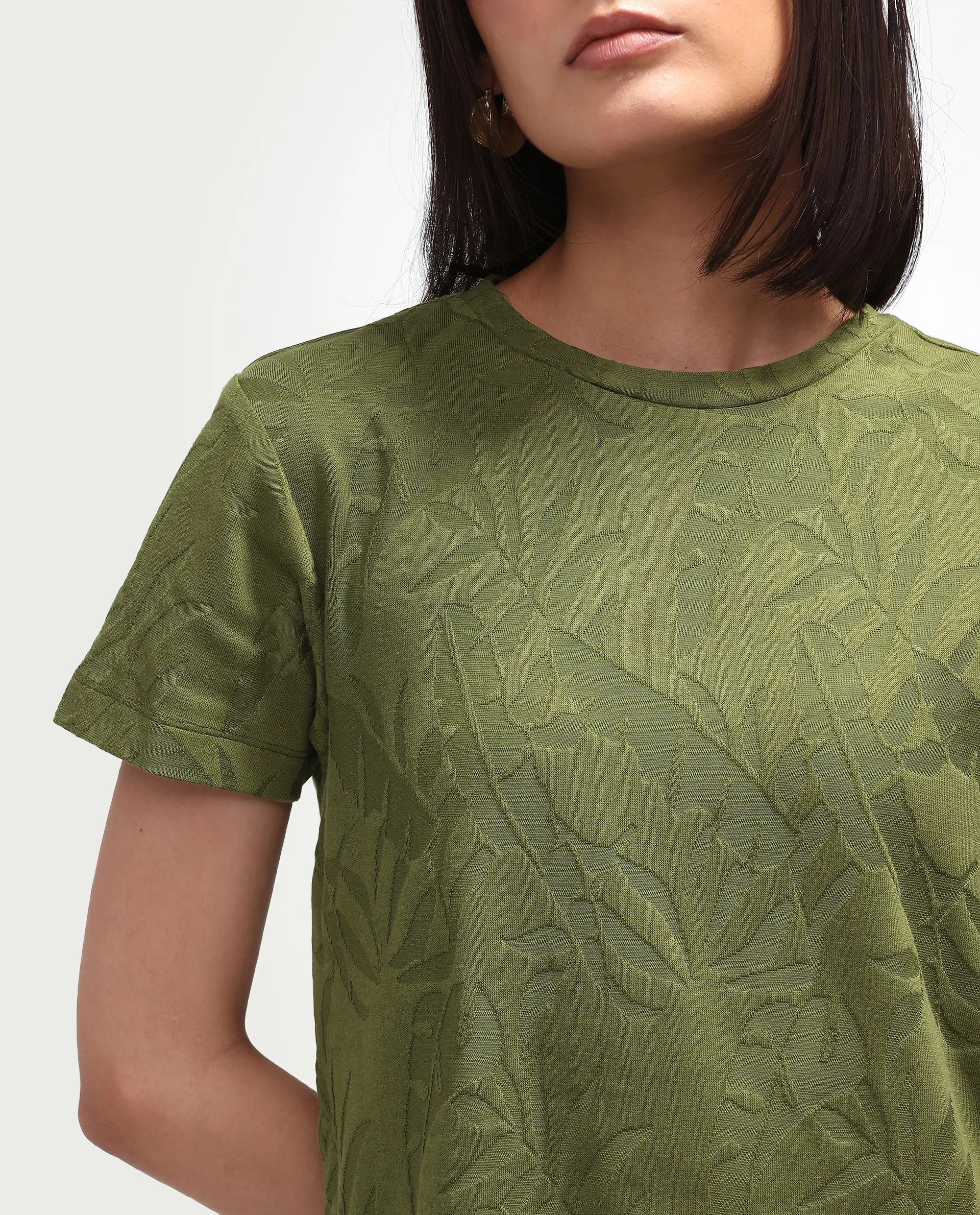 Rareism Women's Zurie Olive Cotton Blend Half Sleeve Crew Neck Regular Fit Jacquard T-Shirt - Image 4