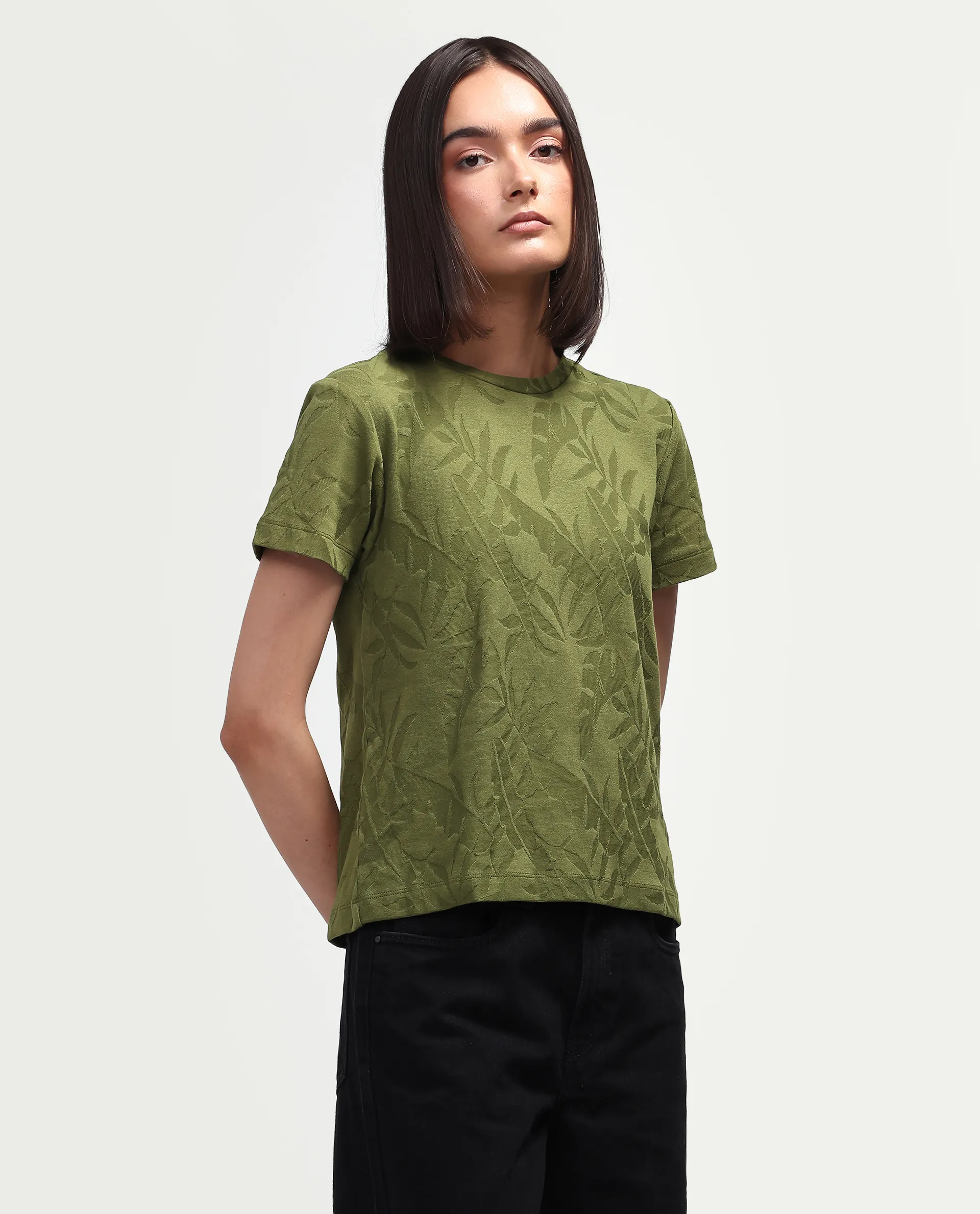 Rareism Women's Zurie Olive Cotton Blend Half Sleeve Crew Neck Regular Fit Jacquard T-Shirt - Image 5