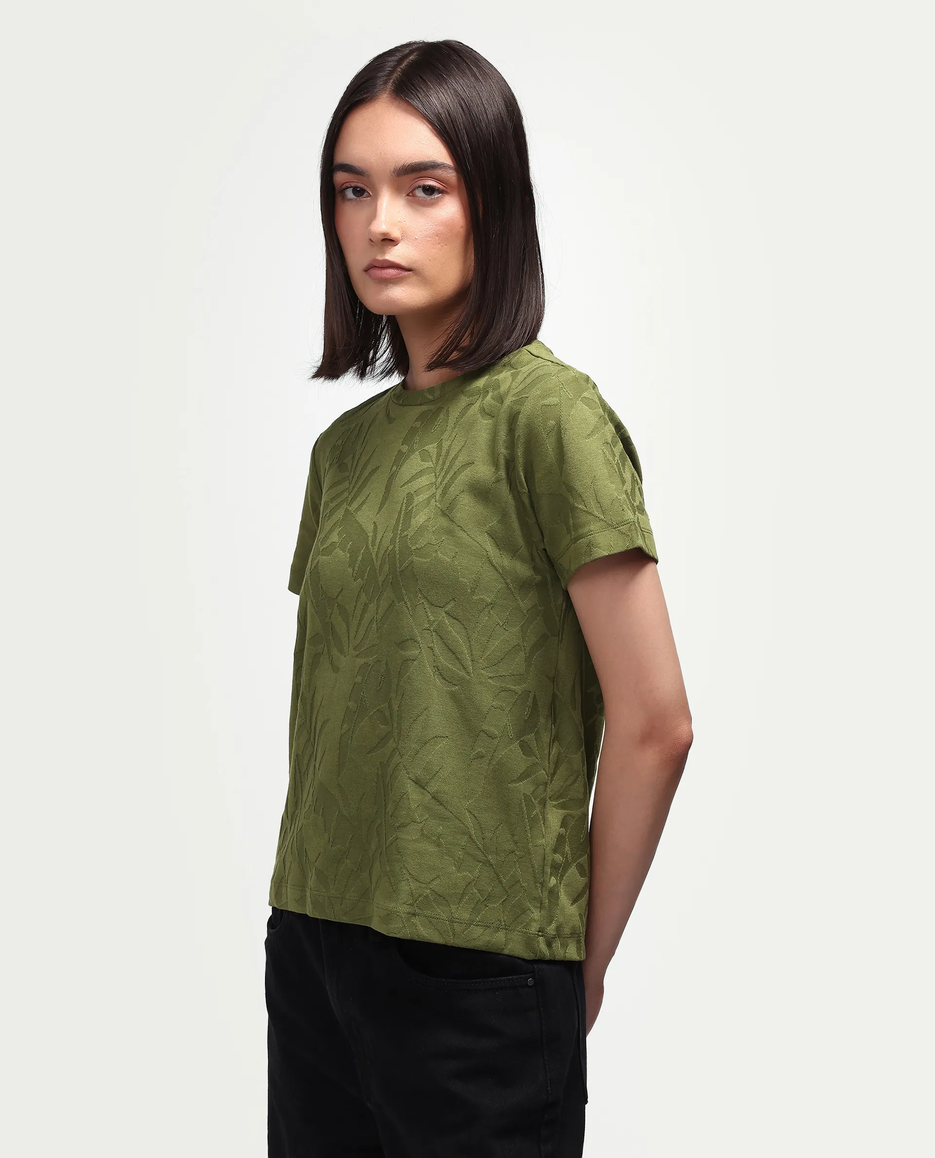 Rareism Women's Zurie Olive Cotton Blend Half Sleeve Crew Neck Regular Fit Jacquard T-Shirt - Image 6