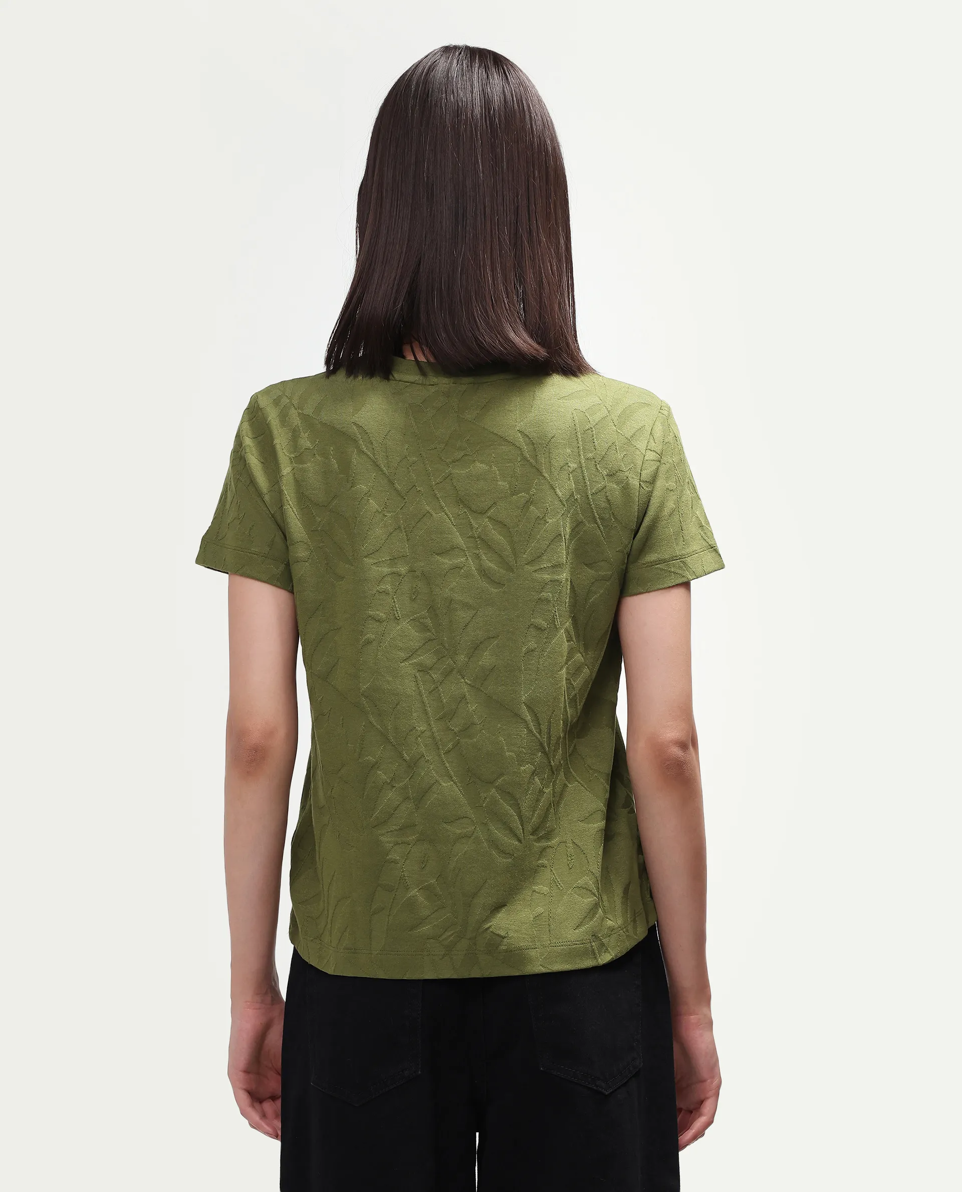 Rareism Women's Zurie Olive Cotton Blend Half Sleeve Crew Neck Regular Fit Jacquard T-Shirt - Image 7