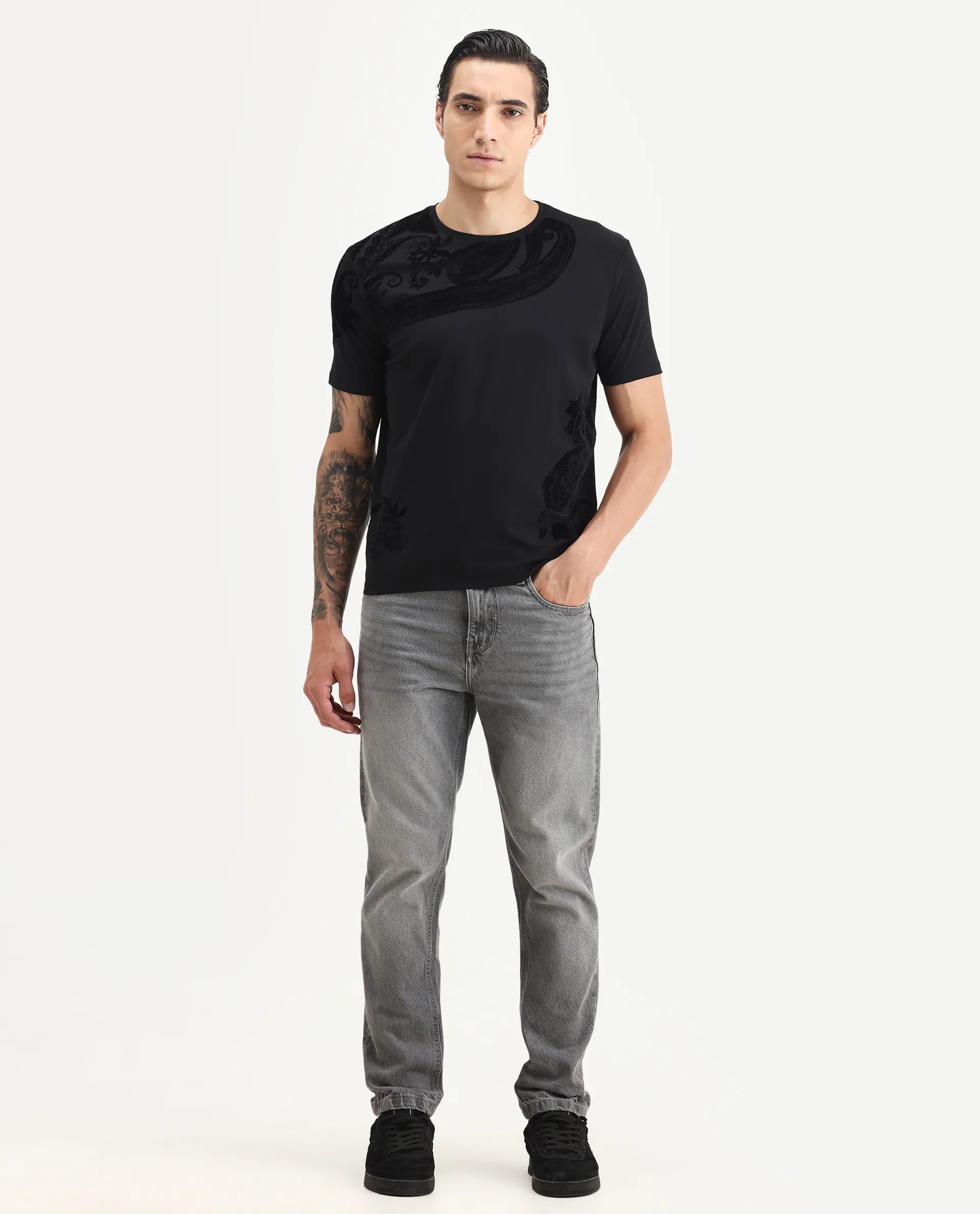 Rare Rabbit Men's Zuron Black Cotton Paisley Print Regular Fit Half Sleeve Crew Neck T-Shirt - Image 2