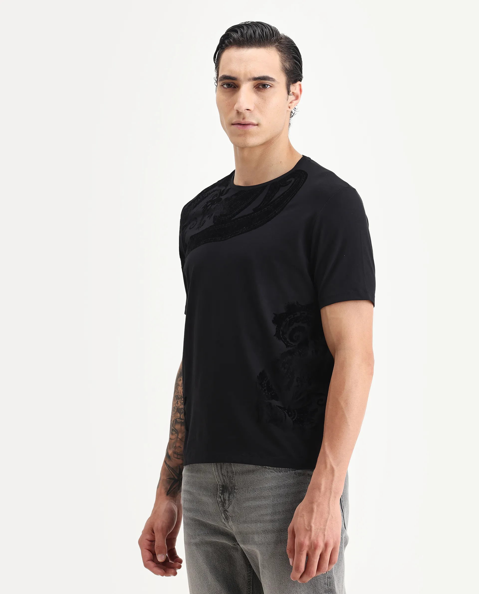 Rare Rabbit Men's Zuron Black Cotton Paisley Print Regular Fit Half Sleeve Crew Neck T-Shirt - Image 4