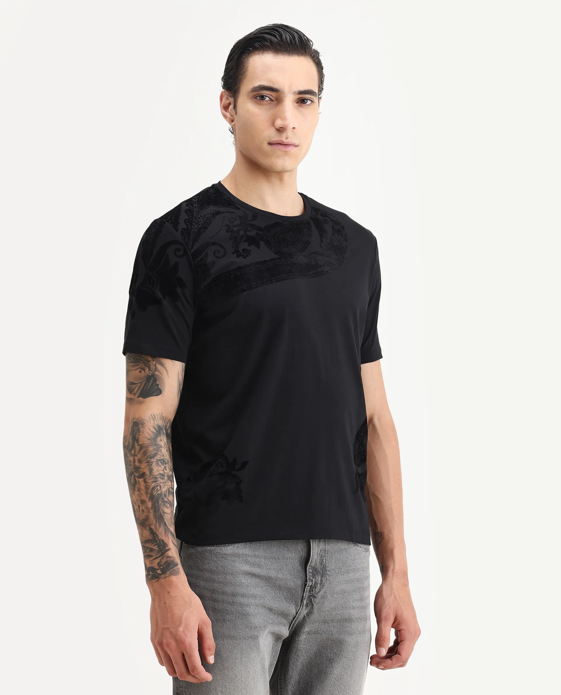 Rare Rabbit Men's Zuron Black Cotton Paisley Print Regular Fit Half Sleeve Crew Neck T-Shirt - Image 5