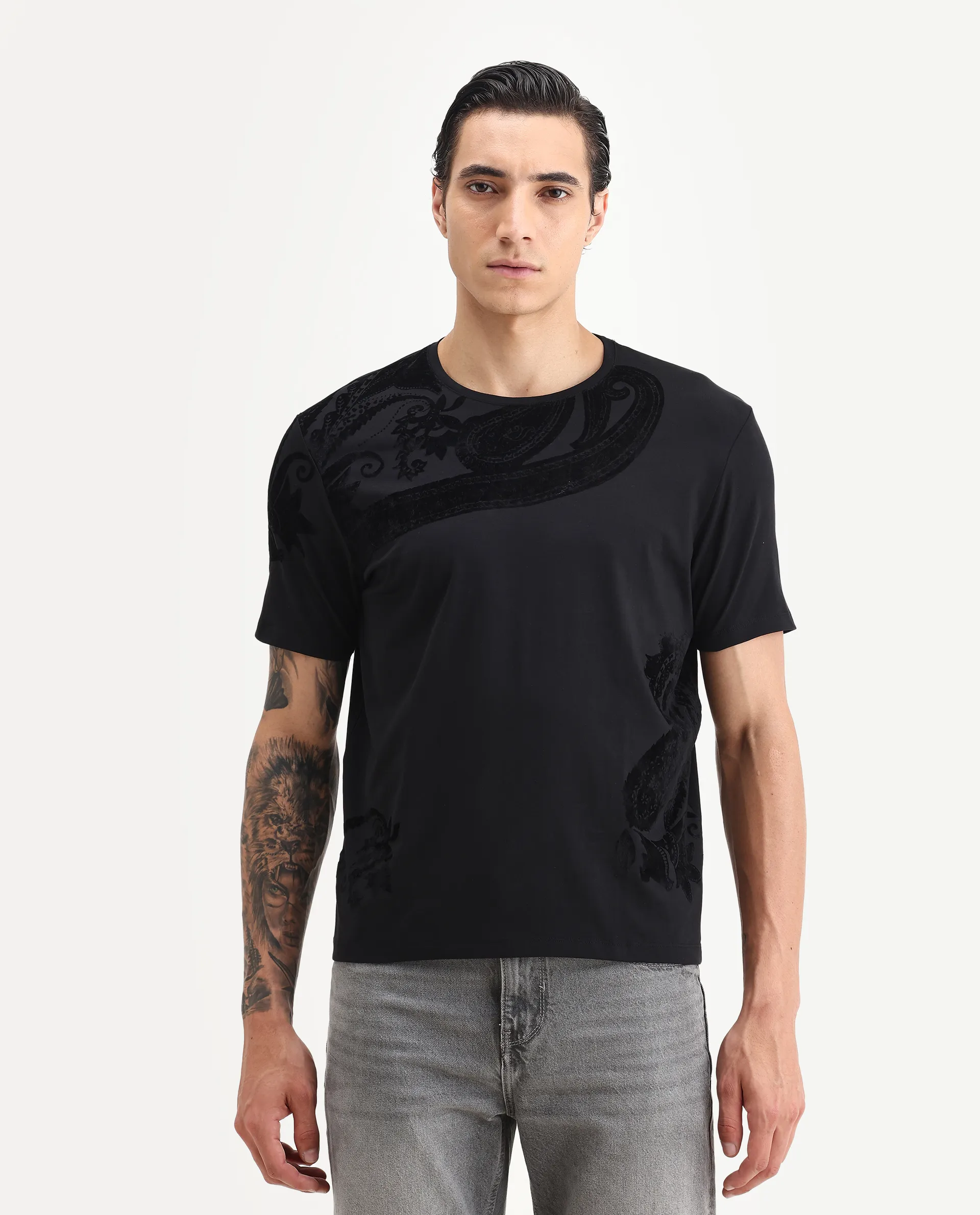 Rare Rabbit Men's Zuron Black Cotton Paisley Print Regular Fit Half Sleeve Crew Neck T-Shirt - Image 6