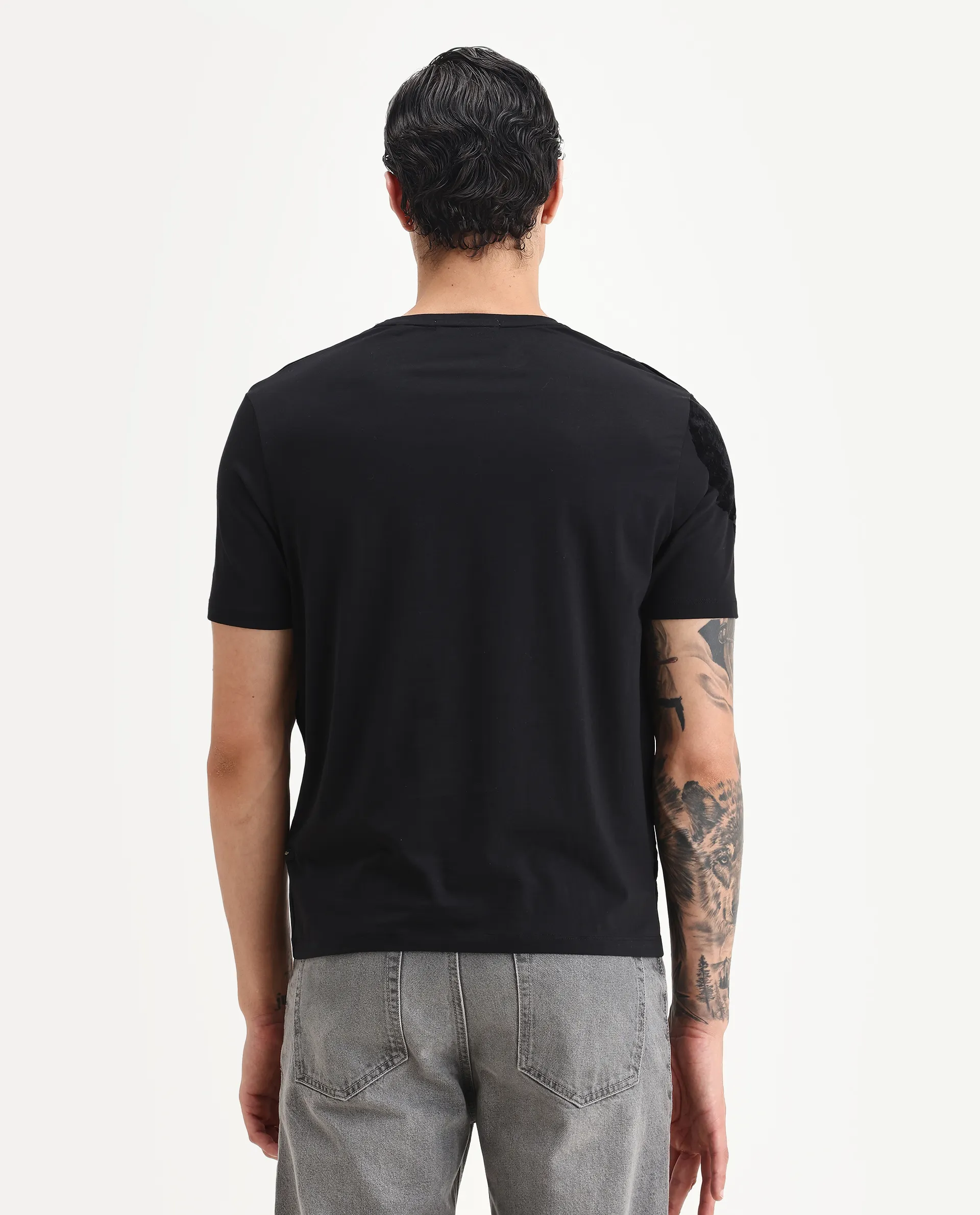 Rare Rabbit Men's Zuron Black Cotton Paisley Print Regular Fit Half Sleeve Crew Neck T-Shirt - Image 7
