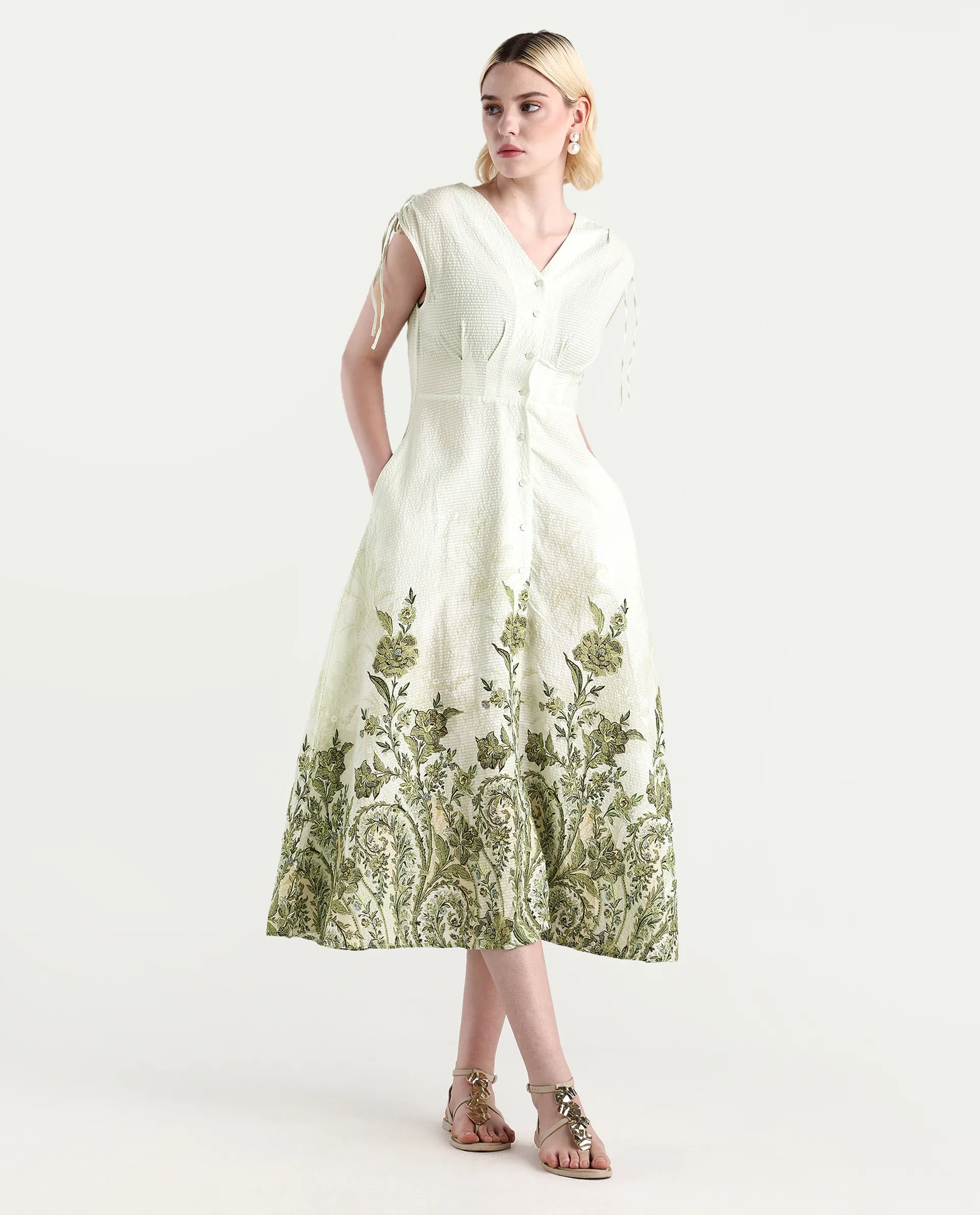 Rareism Women's Zurumi Light Green Cotton V-Neck Paisley Print Midi Regular Fit Dress