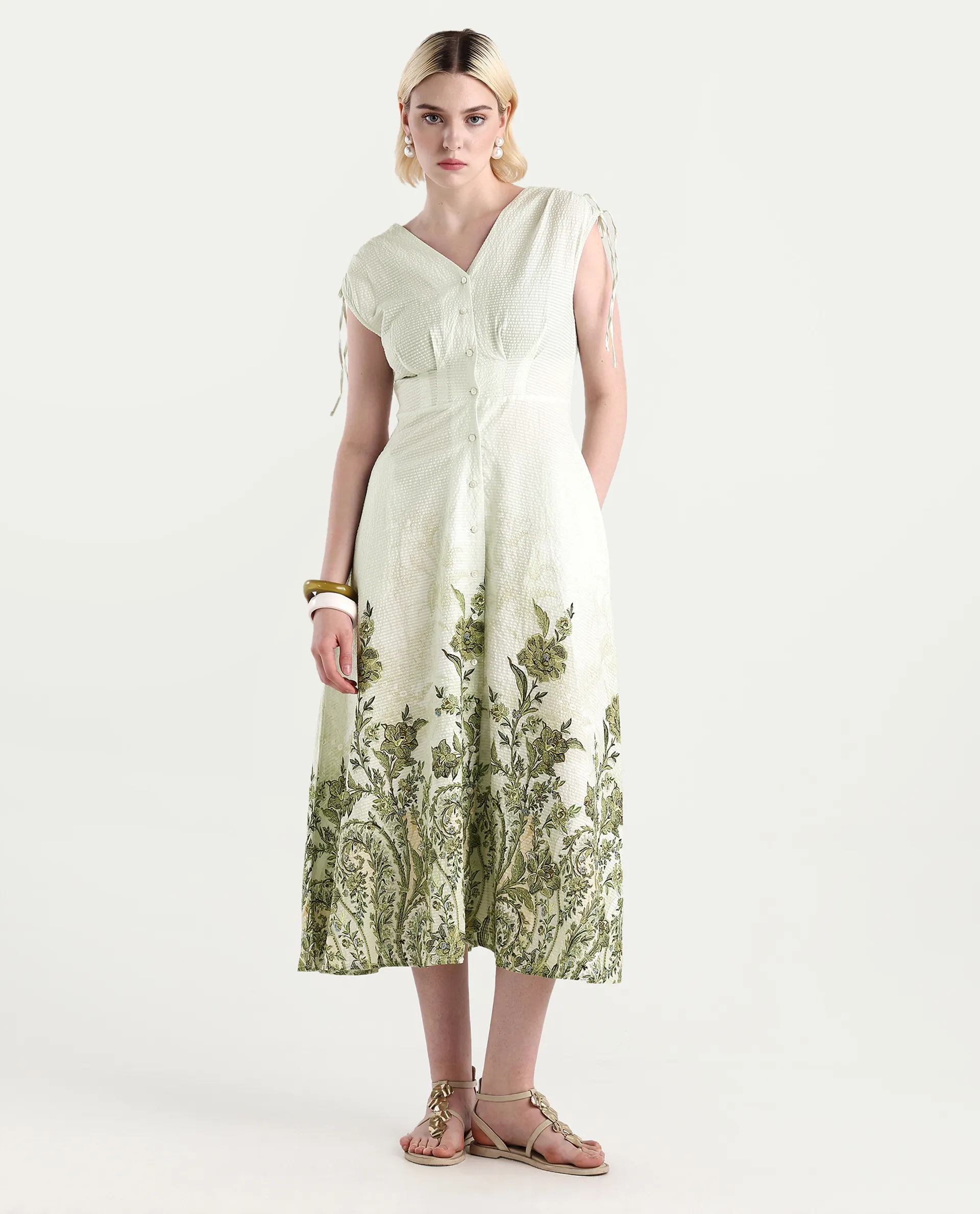 Rareism Women's Zurumi Light Green Cotton V-Neck Paisley Print Midi Regular Fit Dress - Image 2