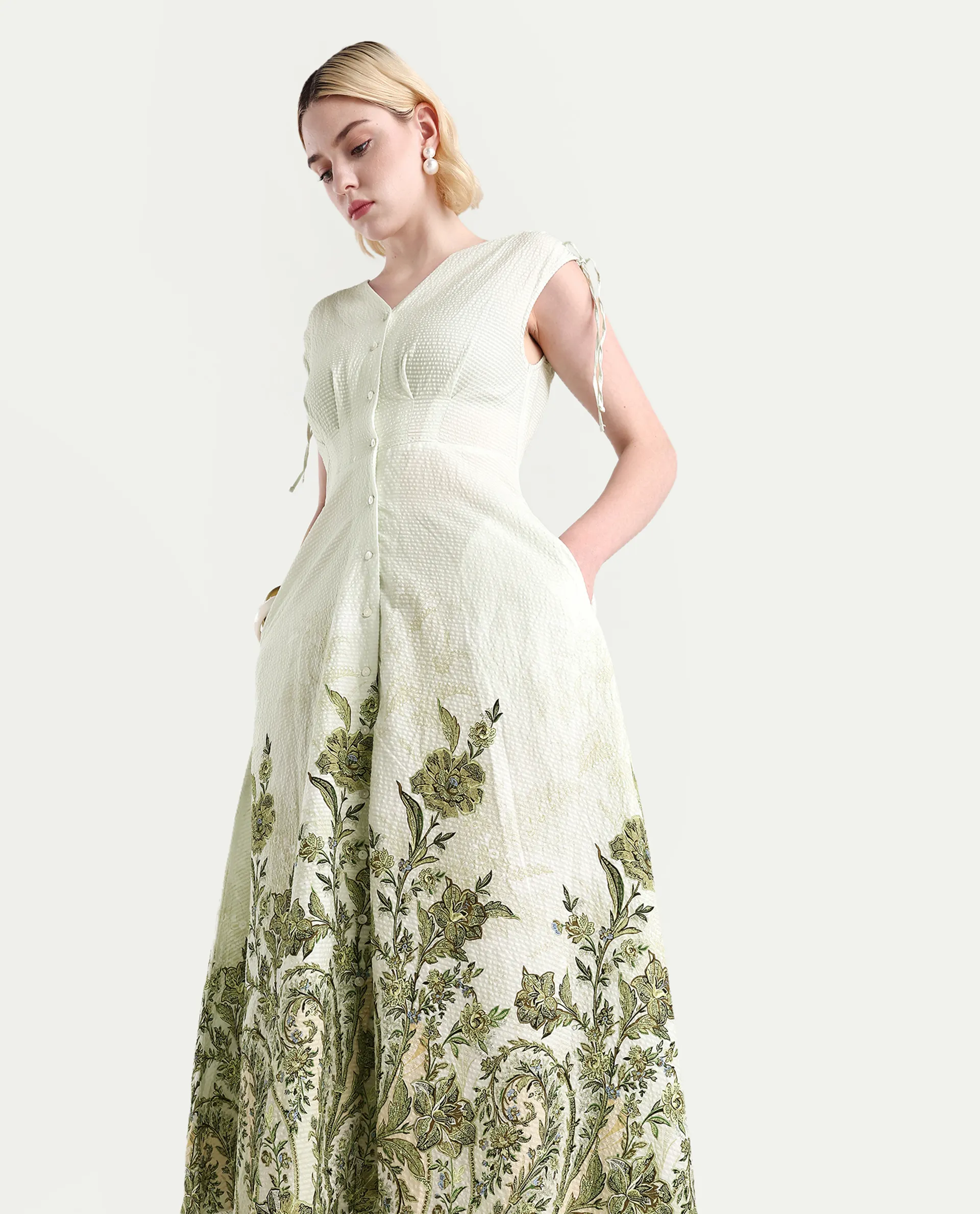 Rareism Women's Zurumi Light Green Cotton V-Neck Paisley Print Midi Regular Fit Dress - Image 3