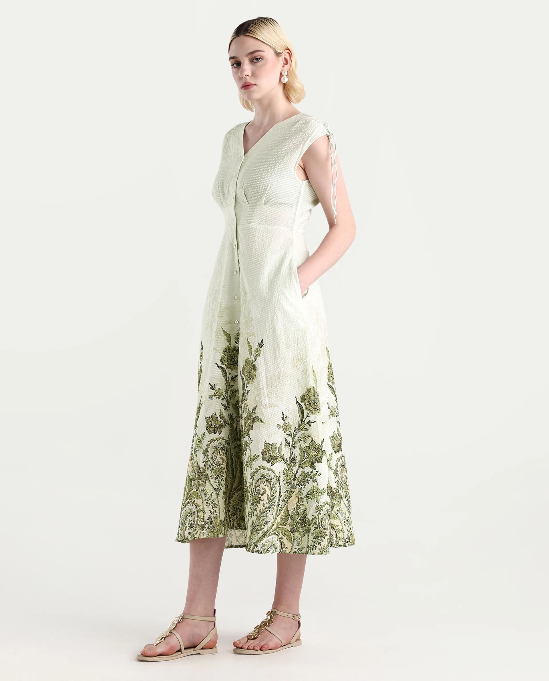 Rareism Women's Zurumi Light Green Cotton V-Neck Paisley Print Midi Regular Fit Dress - Image 4