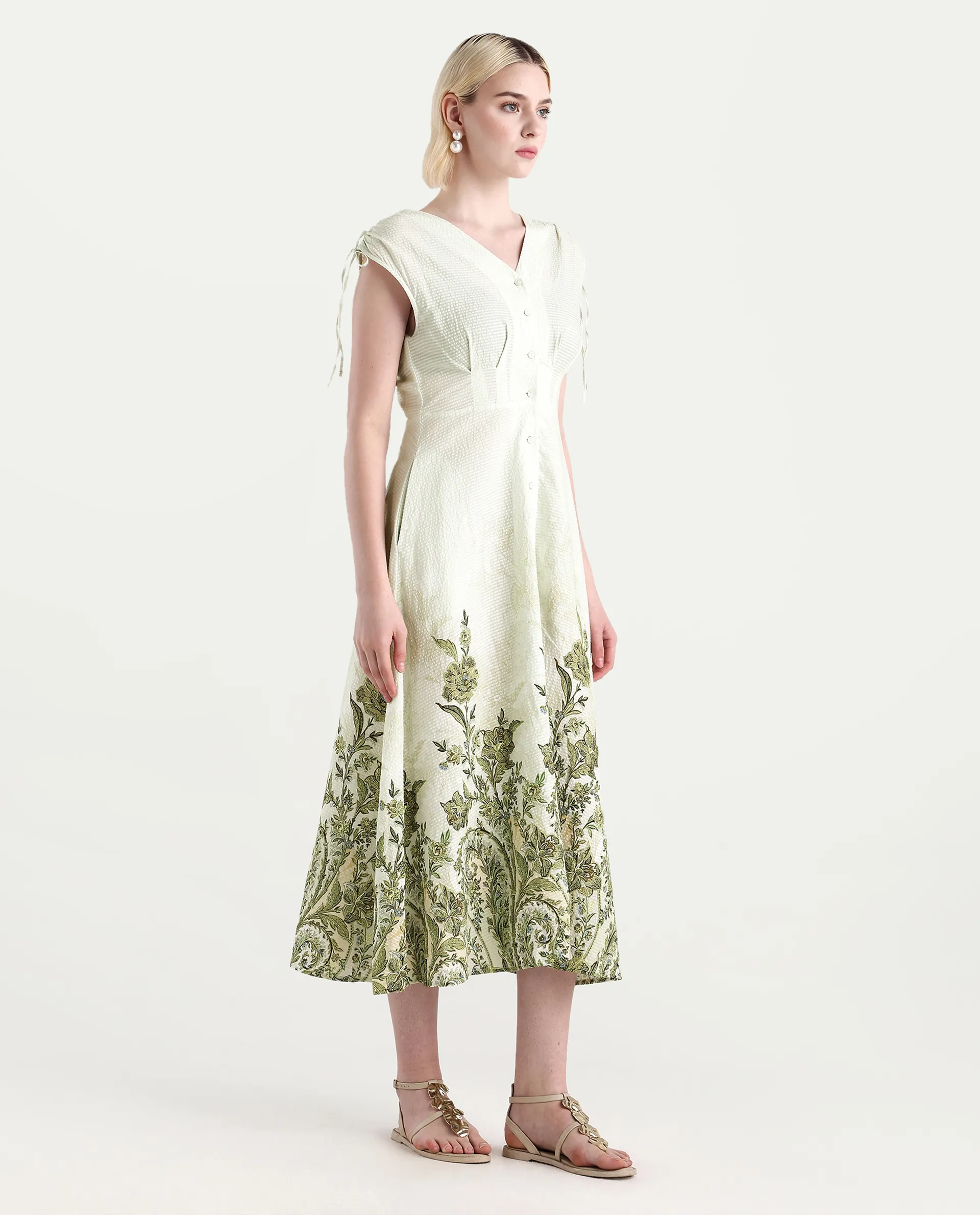 Rareism Women's Zurumi Light Green Cotton V-Neck Paisley Print Midi Regular Fit Dress - Image 5