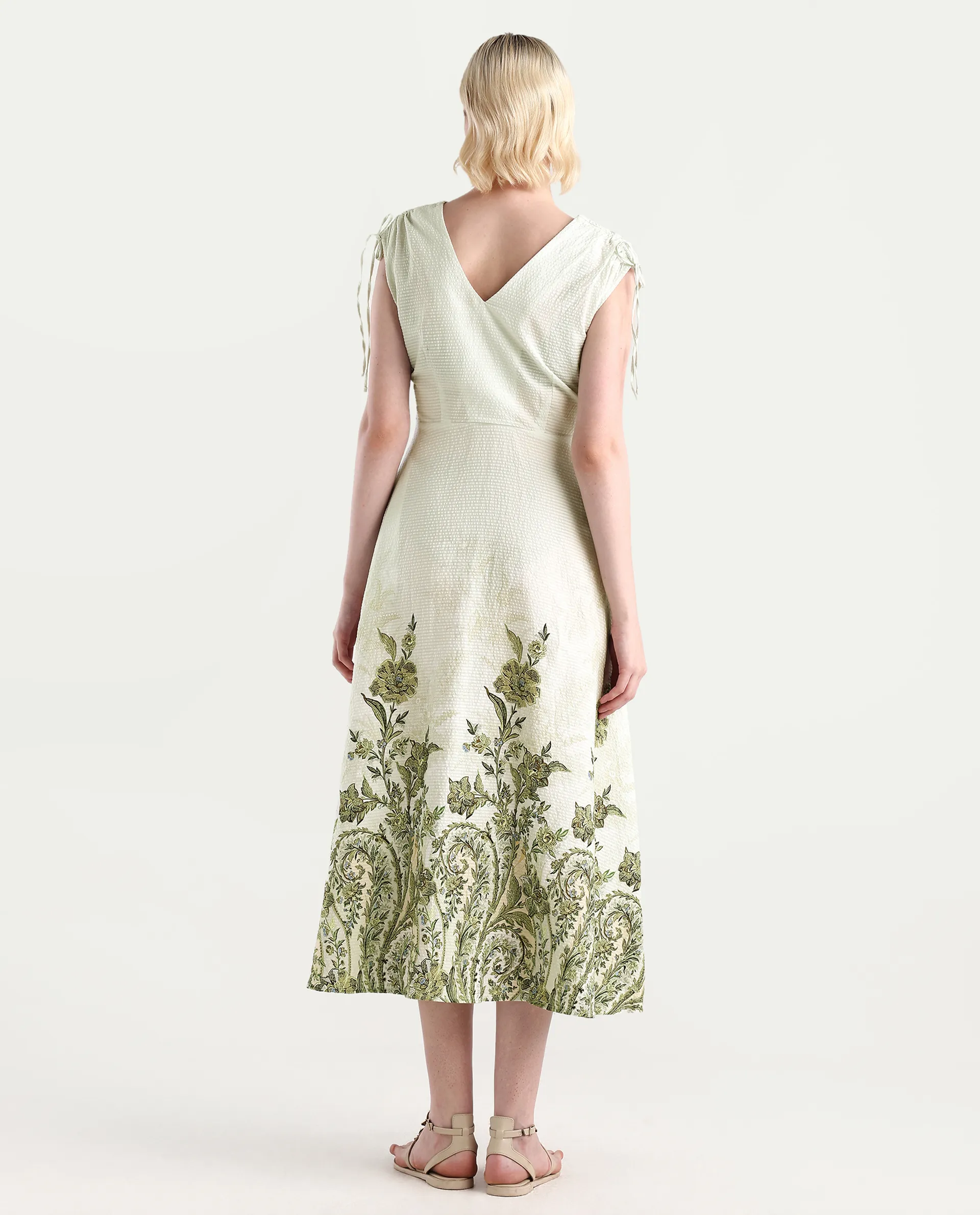 Rareism Women's Zurumi Light Green Cotton V-Neck Paisley Print Midi Regular Fit Dress - Image 6