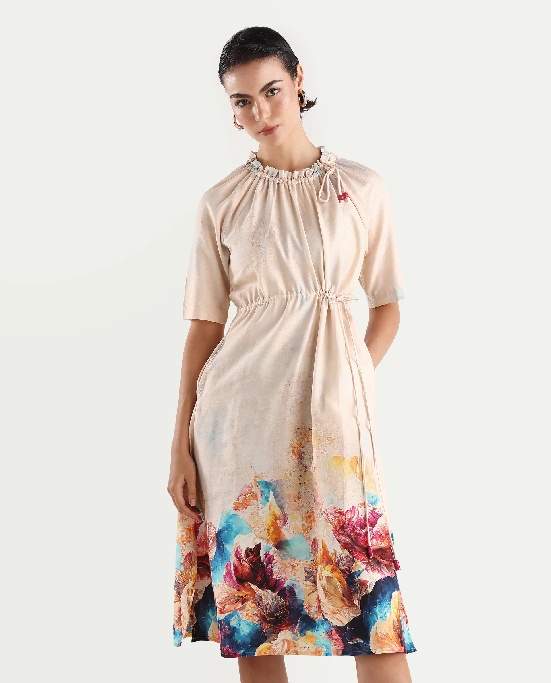 Rareism Women's Zushi Multi Cotton Blend Ruffled Neck Floral Print Raglan Sleeve Knee Length A-Line Dress - Image 2