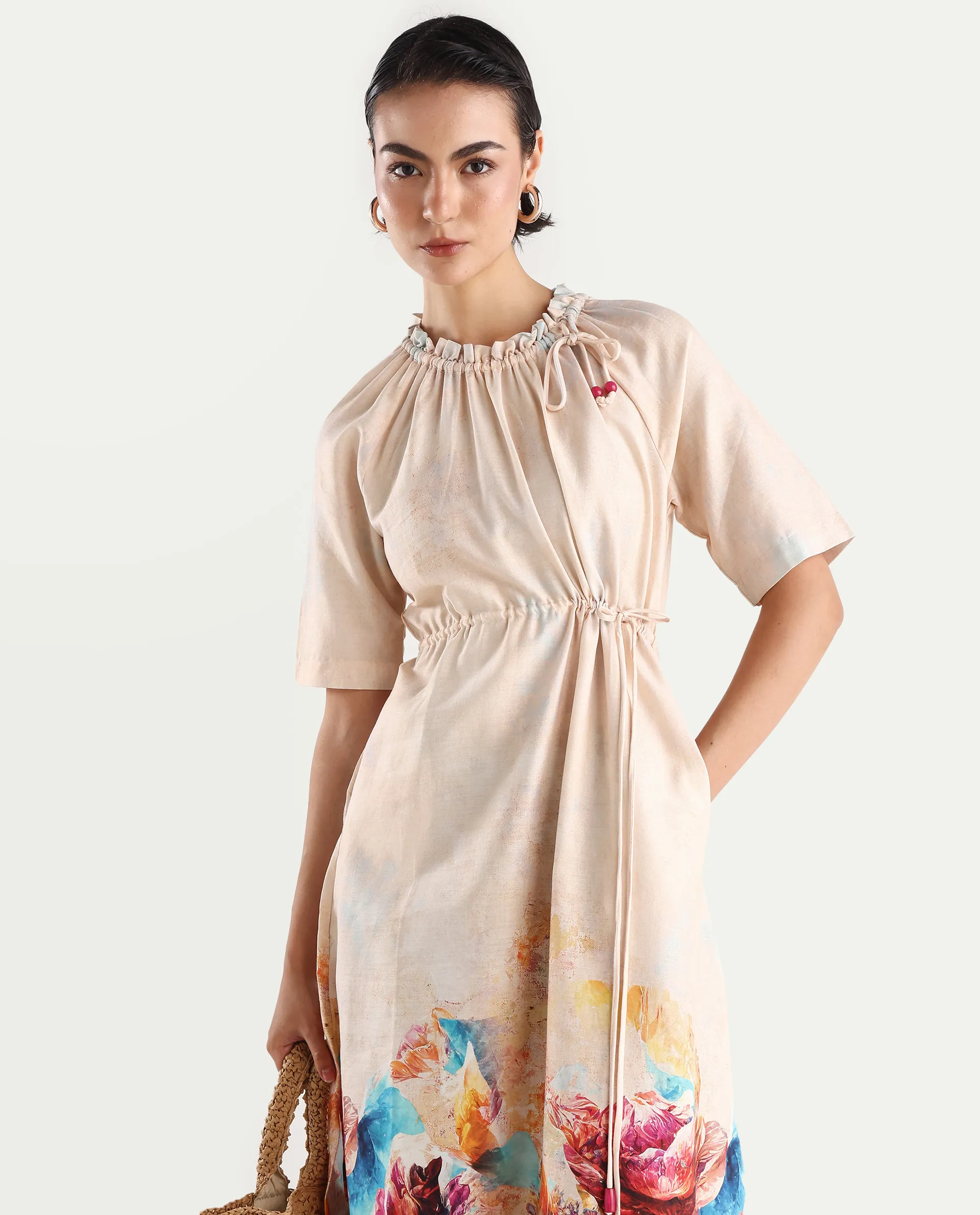 Rareism Women's Zushi Multi Cotton Blend Ruffled Neck Floral Print Raglan Sleeve Knee Length A-Line Dress - Image 3