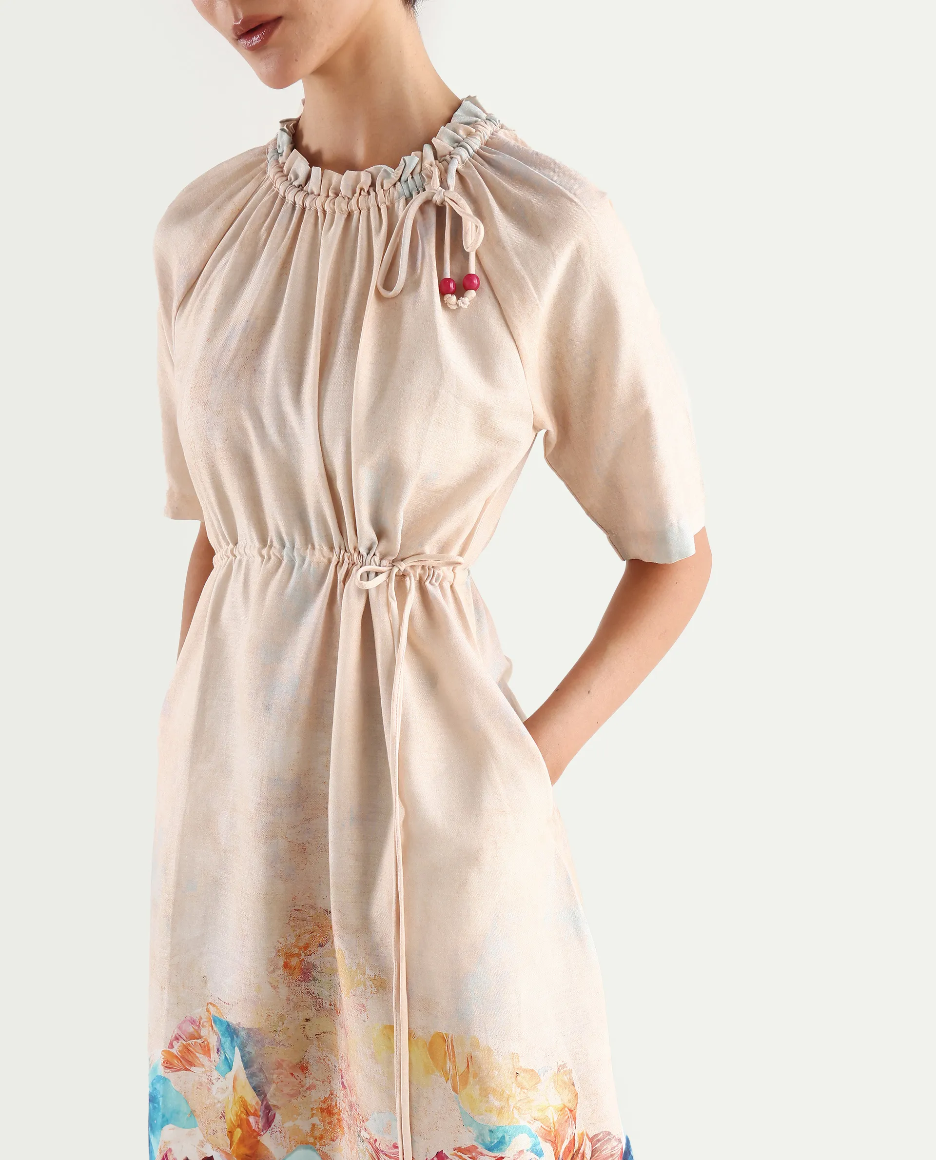 Rareism Women's Zushi Multi Cotton Blend Ruffled Neck Floral Print Raglan Sleeve Knee Length A-Line Dress - Image 4
