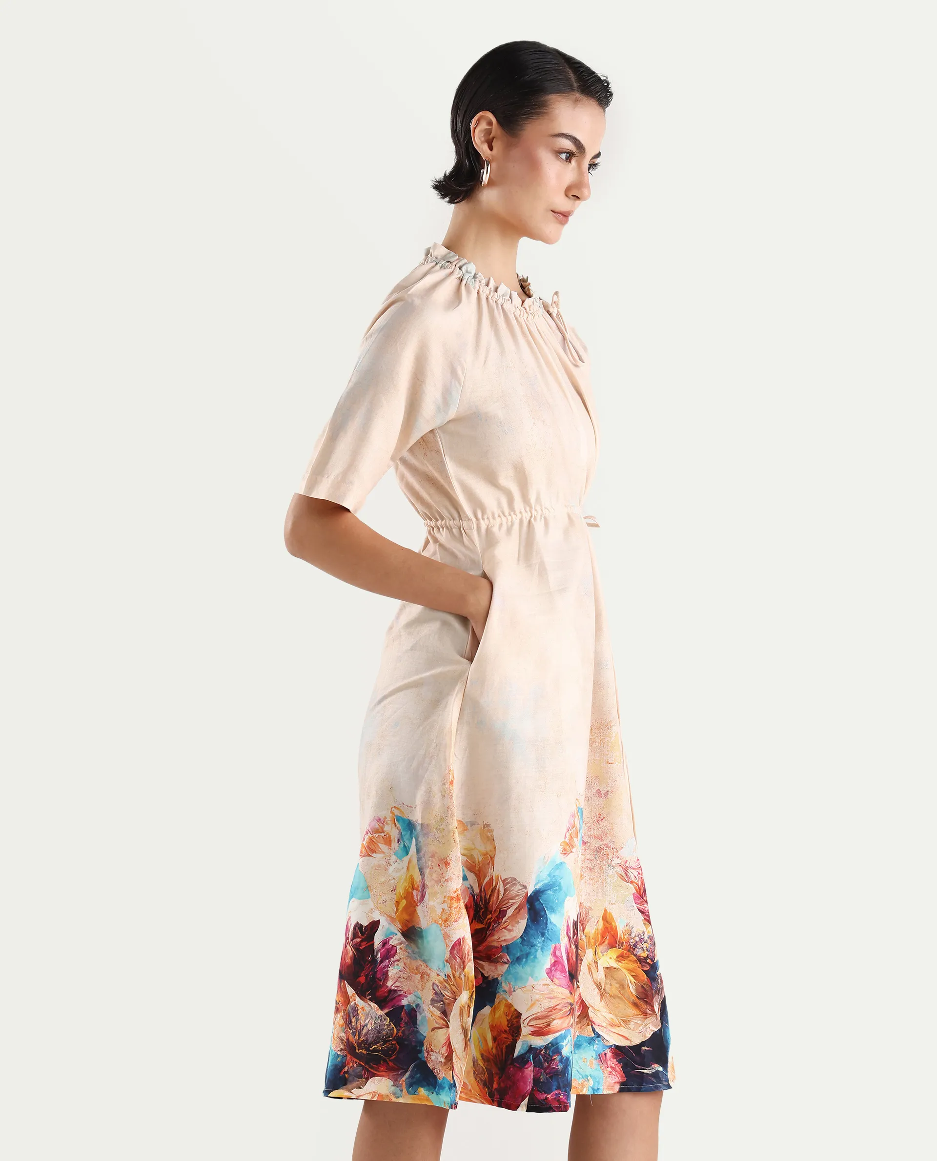 Rareism Women's Zushi Multi Cotton Blend Ruffled Neck Floral Print Raglan Sleeve Knee Length A-Line Dress - Image 5