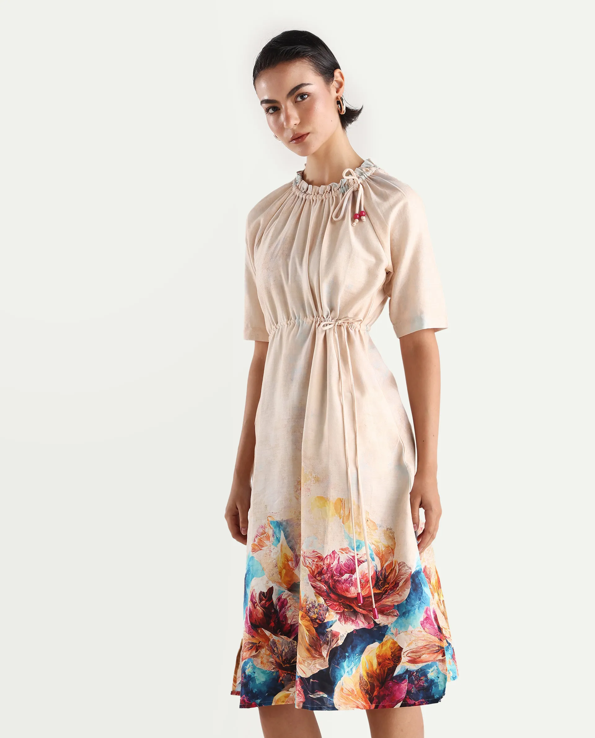Rareism Women's Zushi Multi Cotton Blend Ruffled Neck Floral Print Raglan Sleeve Knee Length A-Line Dress - Image 6