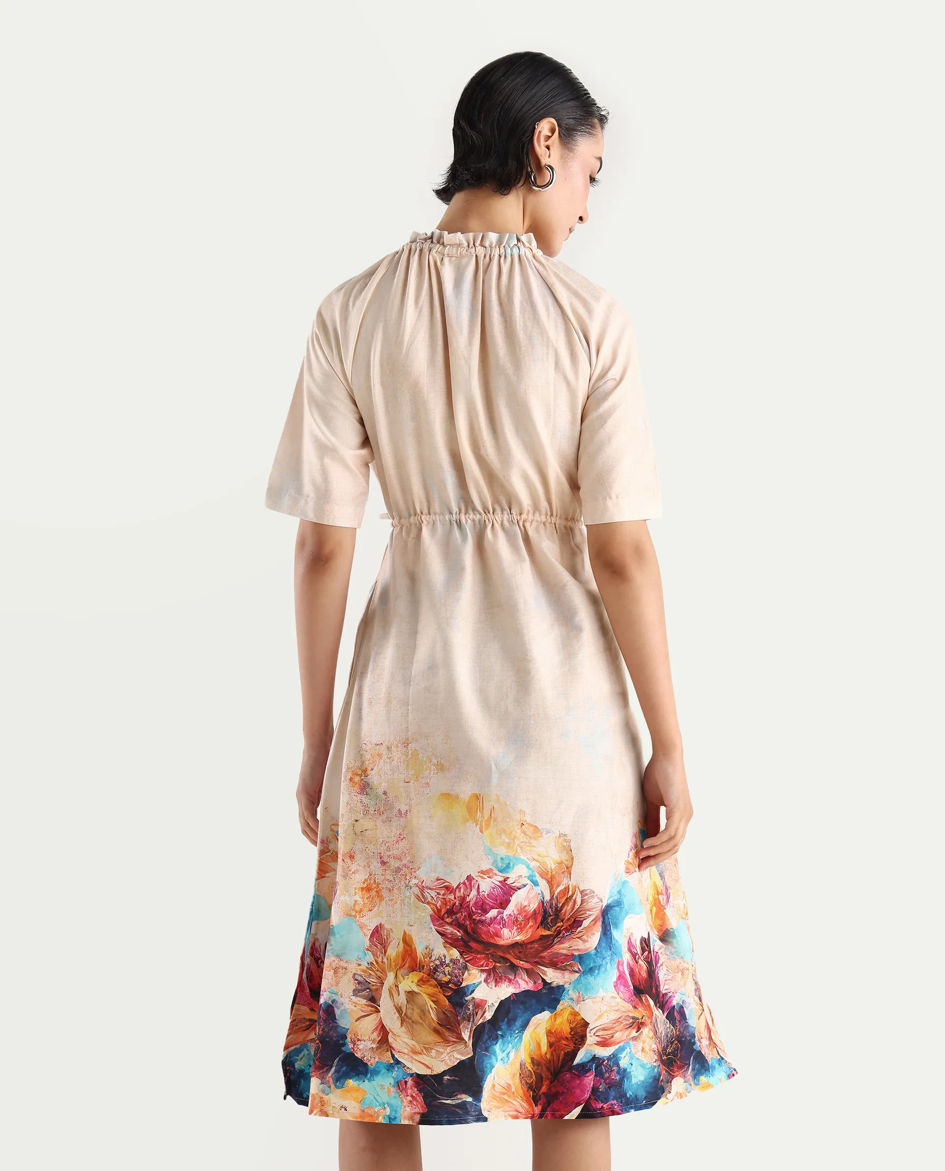 Rareism Women's Zushi Multi Cotton Blend Ruffled Neck Floral Print Raglan Sleeve Knee Length A-Line Dress - Image 7