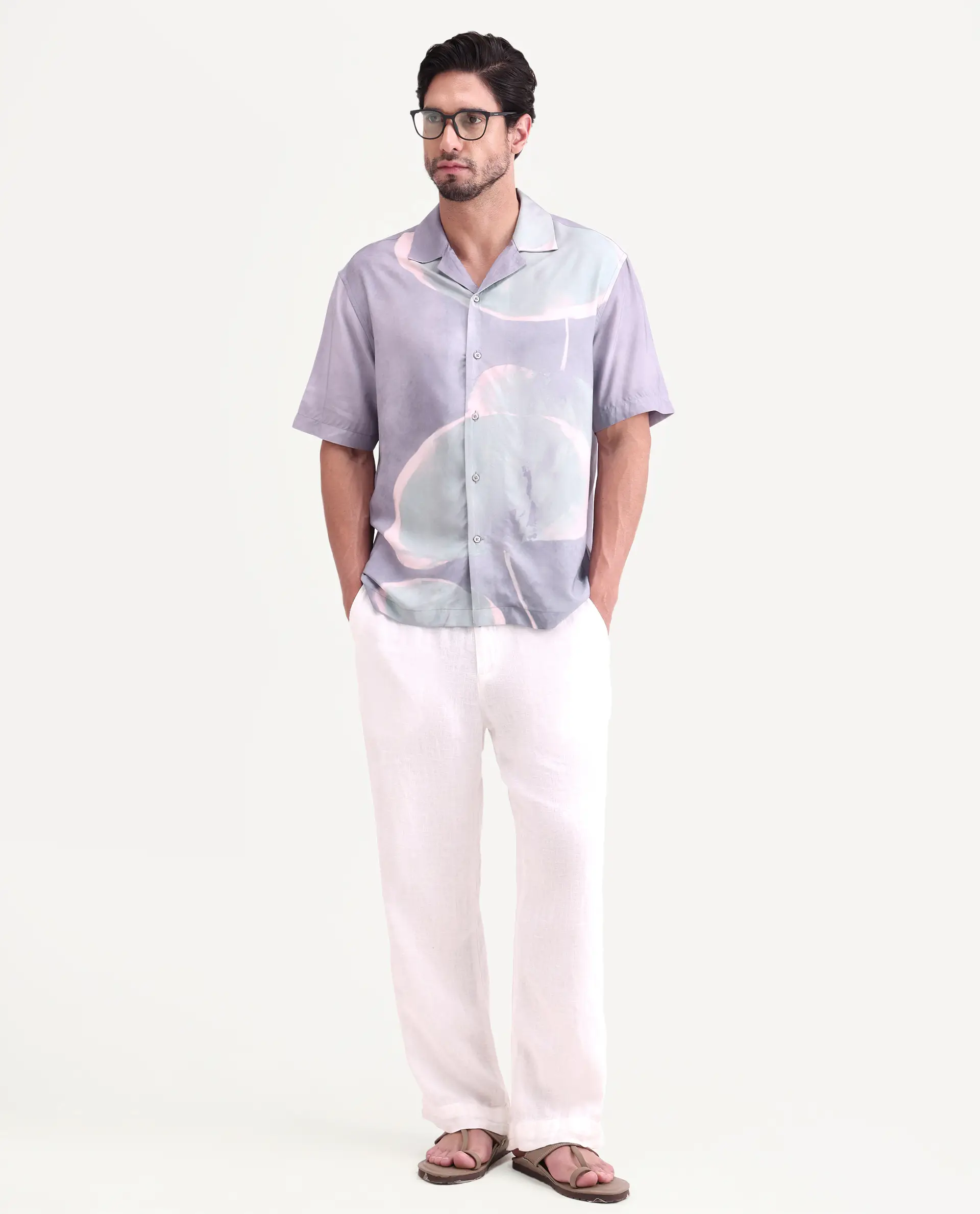 Rare Rabbit Men's Zuvk Dusky Purple Viscose Fabric Half Sleeve Cuban Collar Regular Fit Abstract Print Shirt - Image 2