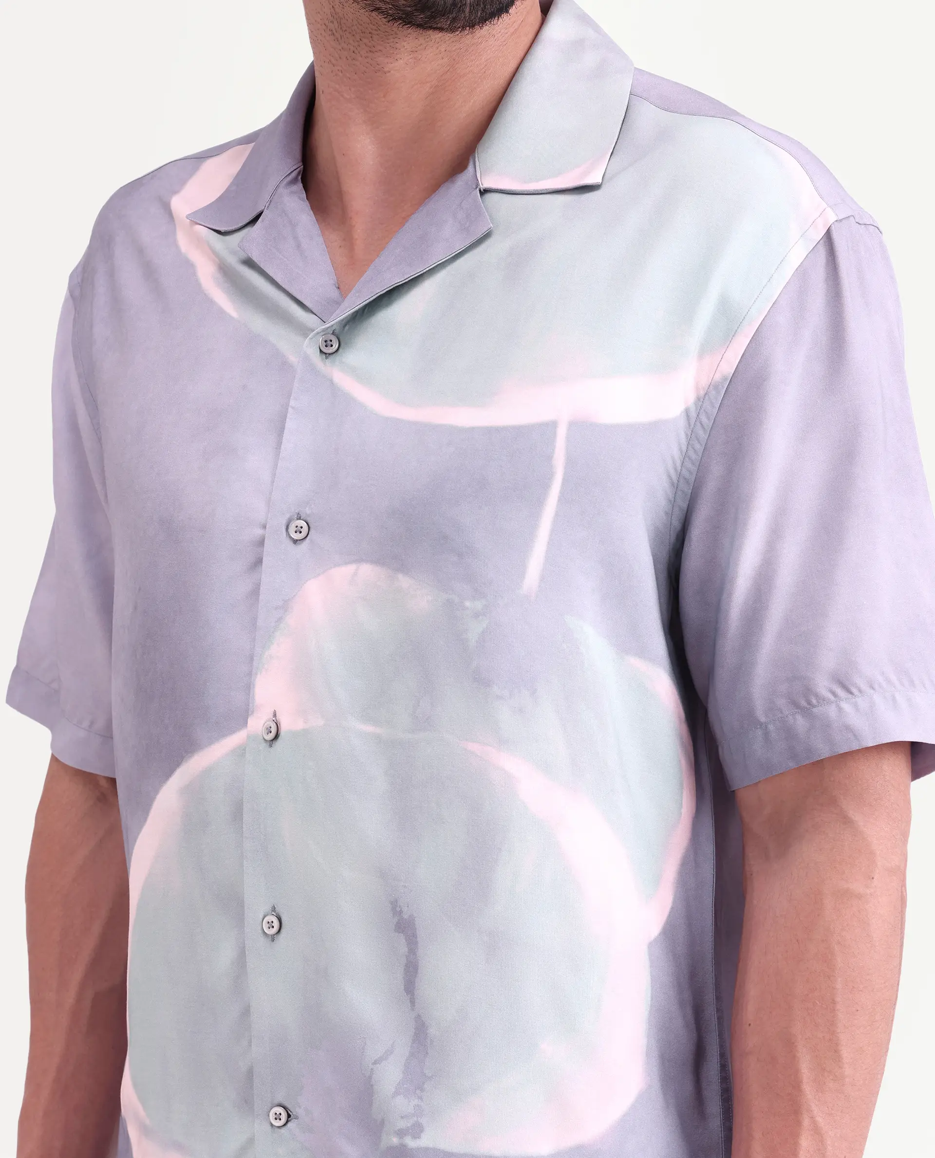 Rare Rabbit Men's Zuvk Dusky Purple Viscose Fabric Half Sleeve Cuban Collar Regular Fit Abstract Print Shirt - Image 3