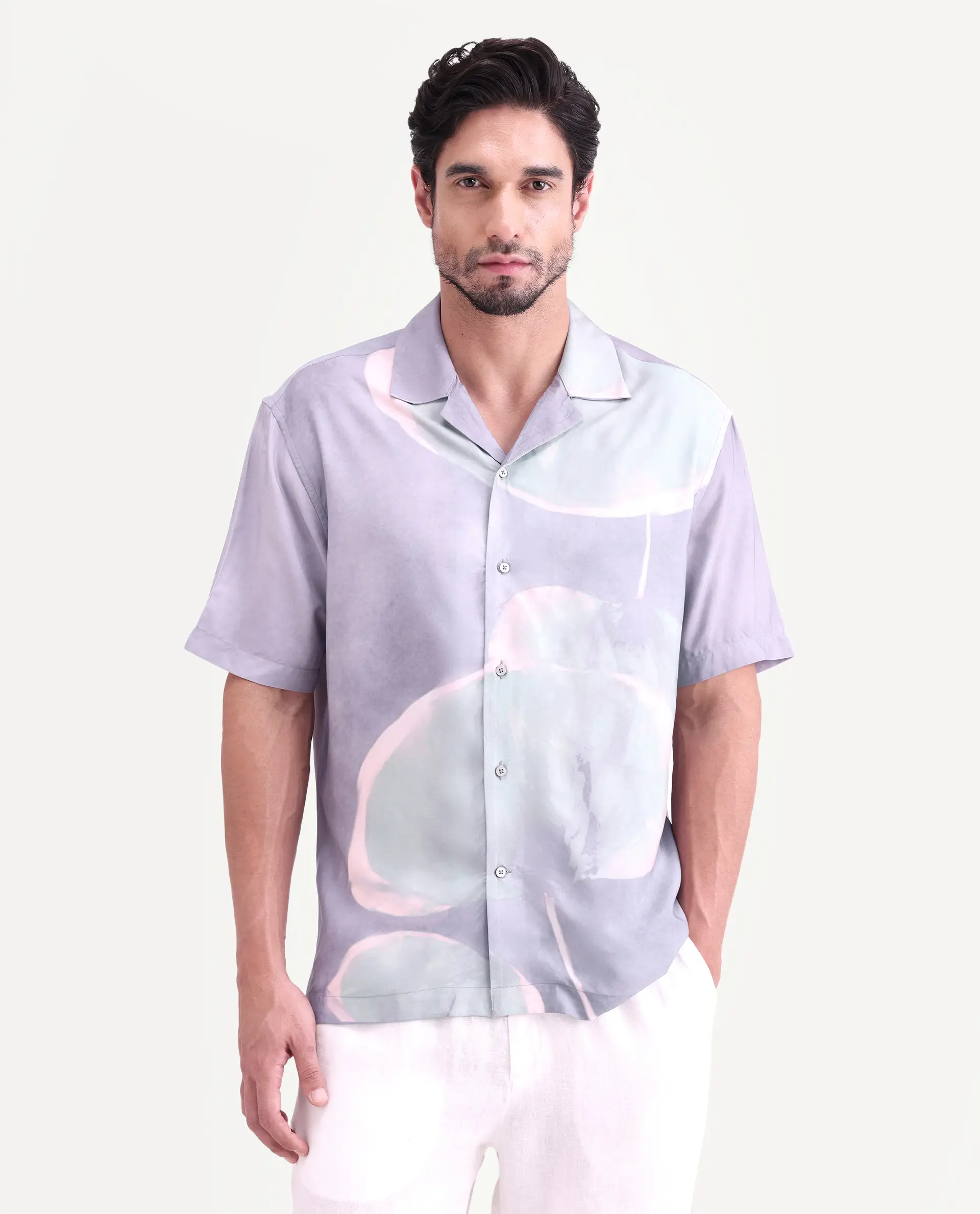 Rare Rabbit Men's Zuvk Dusky Purple Viscose Fabric Half Sleeve Cuban Collar Regular Fit Abstract Print Shirt - Image 4