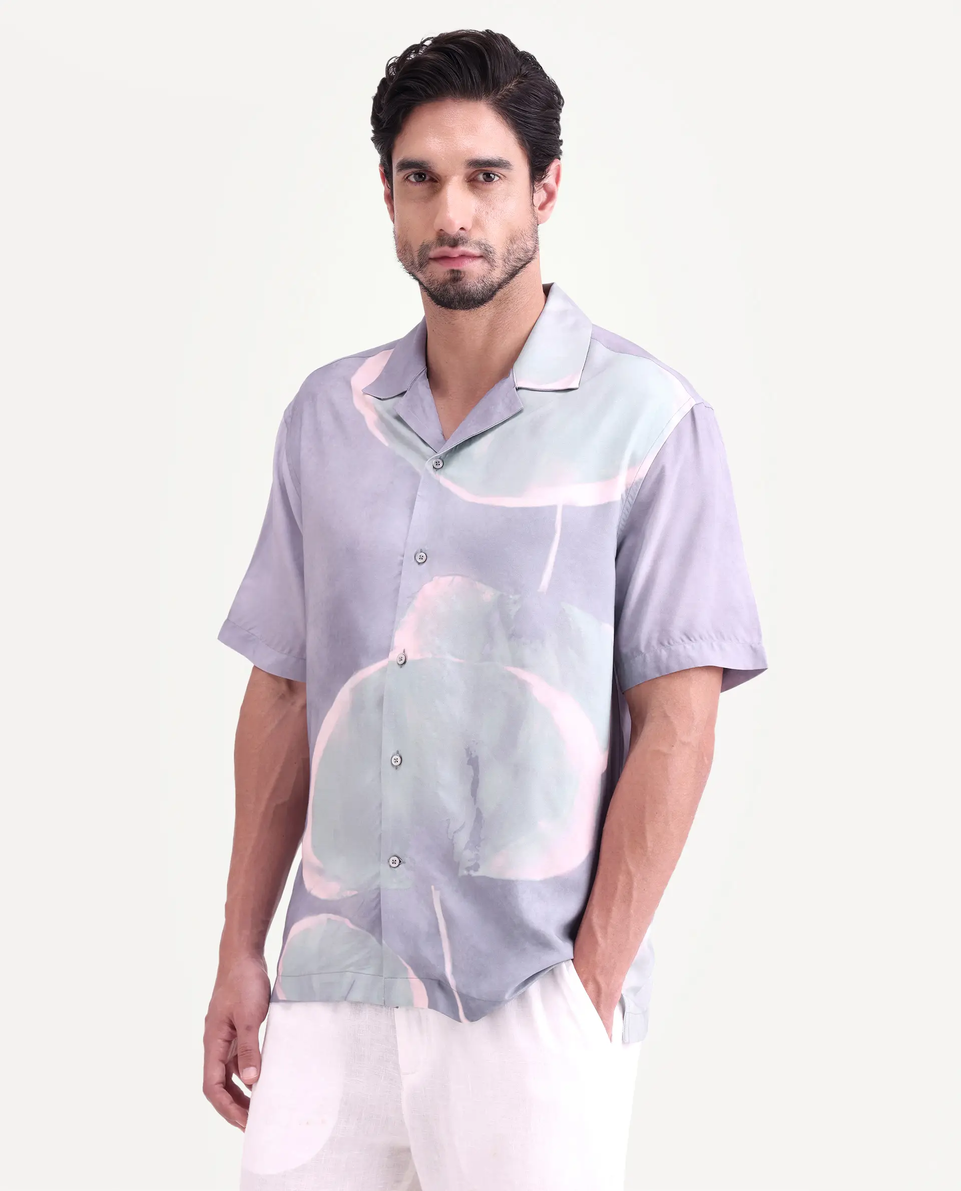 Rare Rabbit Men's Zuvk Dusky Purple Viscose Fabric Half Sleeve Cuban Collar Regular Fit Abstract Print Shirt - Image 5