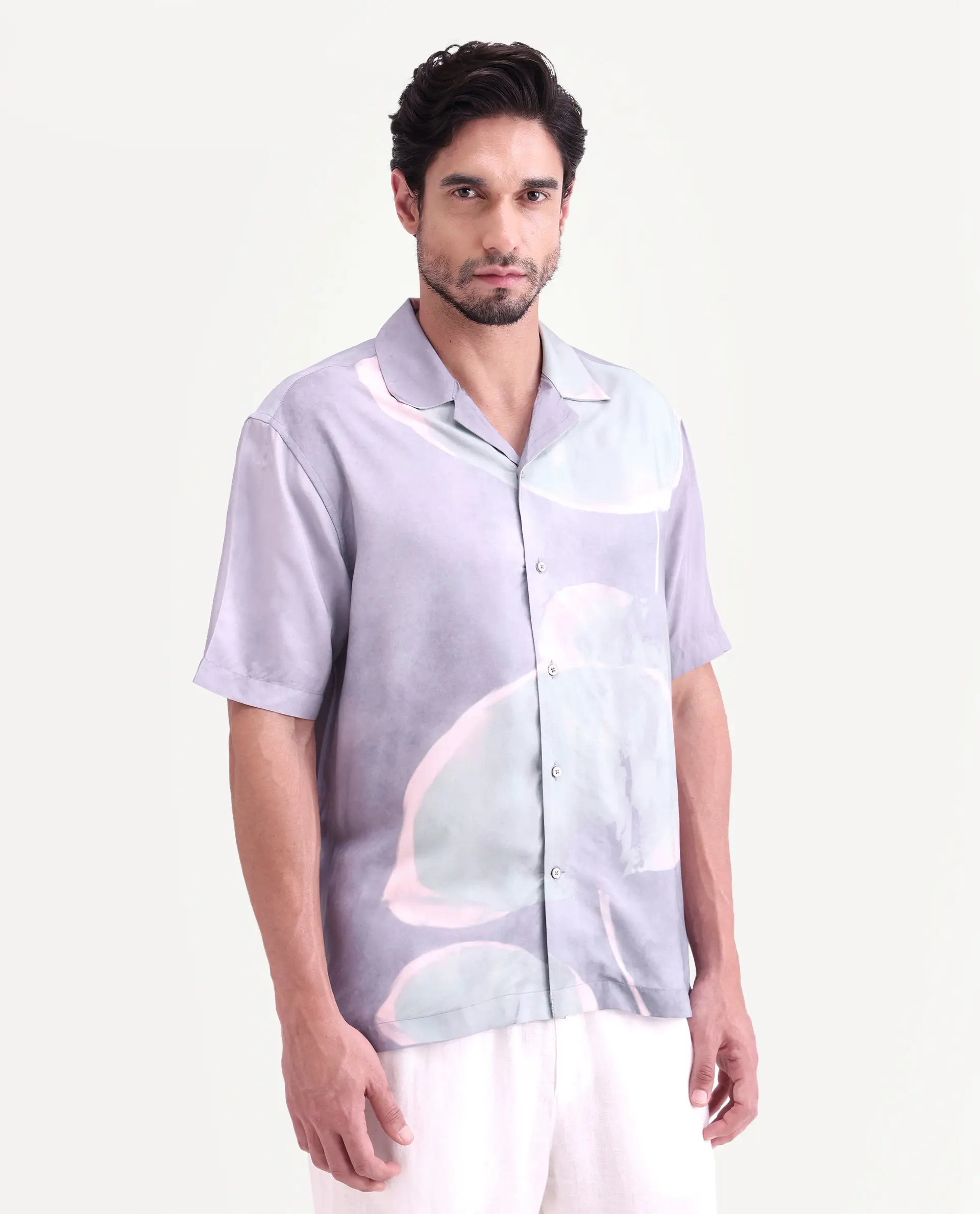 Rare Rabbit Men's Zuvk Dusky Purple Viscose Fabric Half Sleeve Cuban Collar Regular Fit Abstract Print Shirt - Image 6