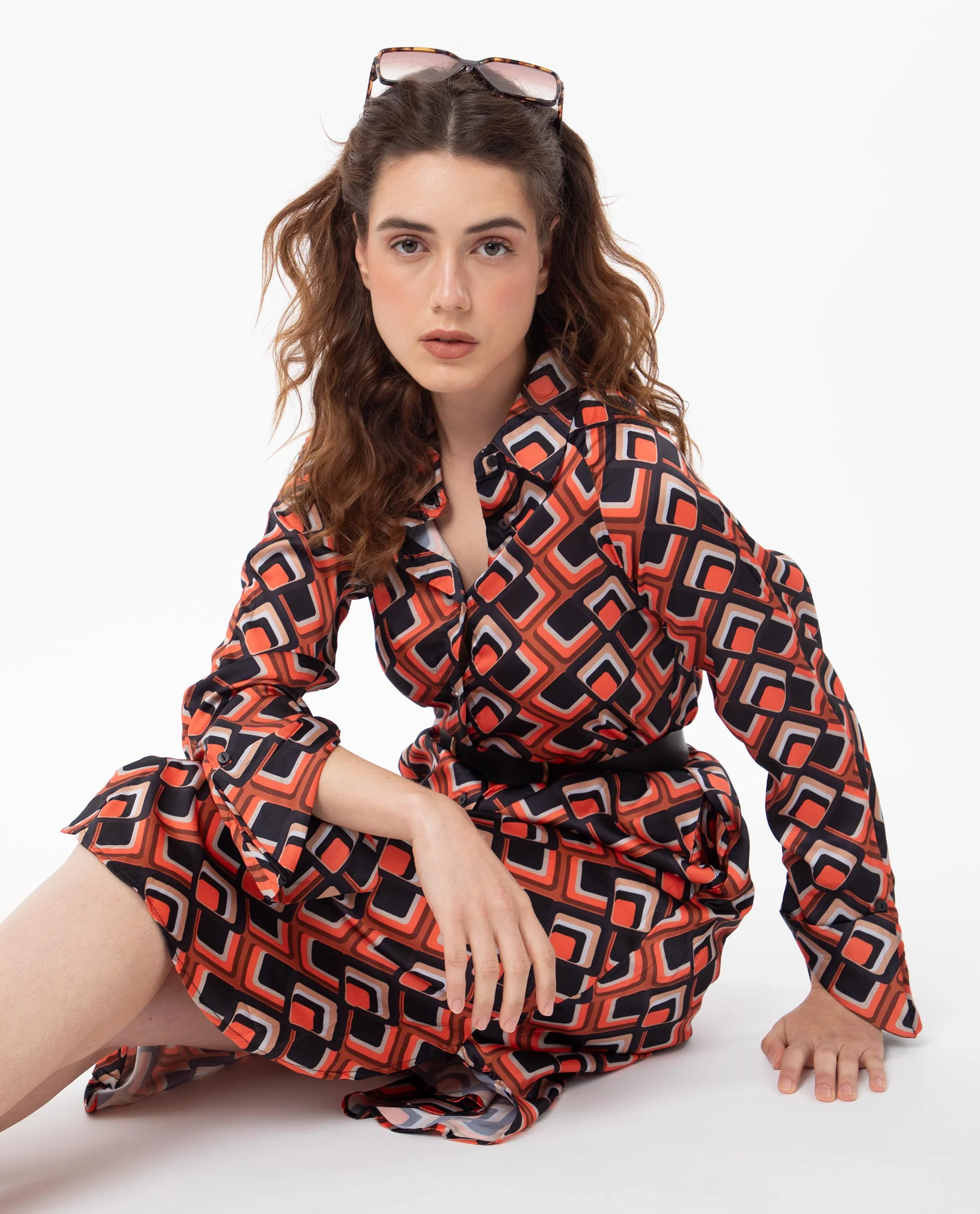 Rareism Women's Zwerg Orange Polyester Spread Collar Geometric Print Raglan Sleeve Knee Length Regular Fit Dress