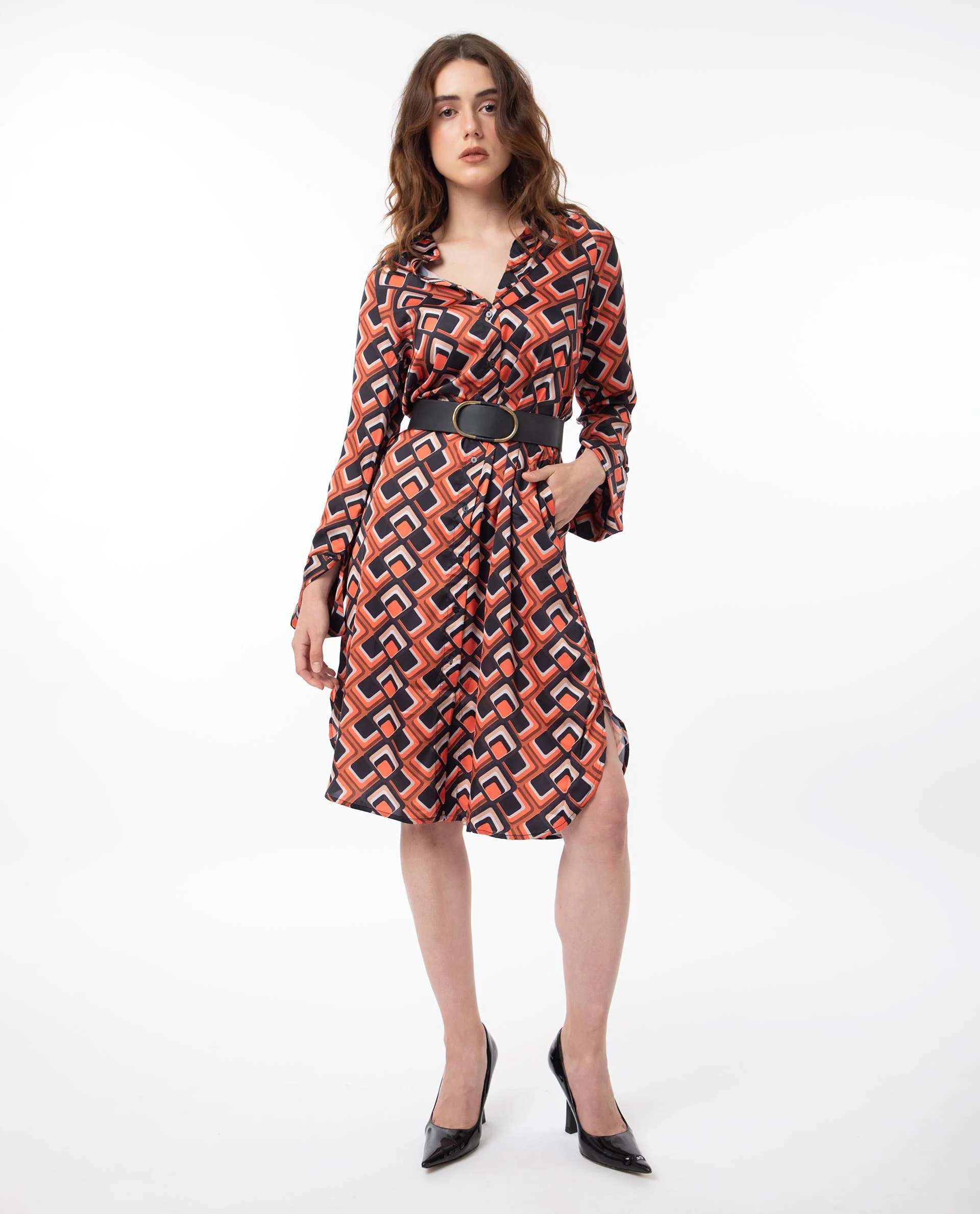 Rareism Women's Zwerg Orange Polyester Spread Collar Geometric Print Raglan Sleeve Knee Length Regular Fit Dress - Image 10