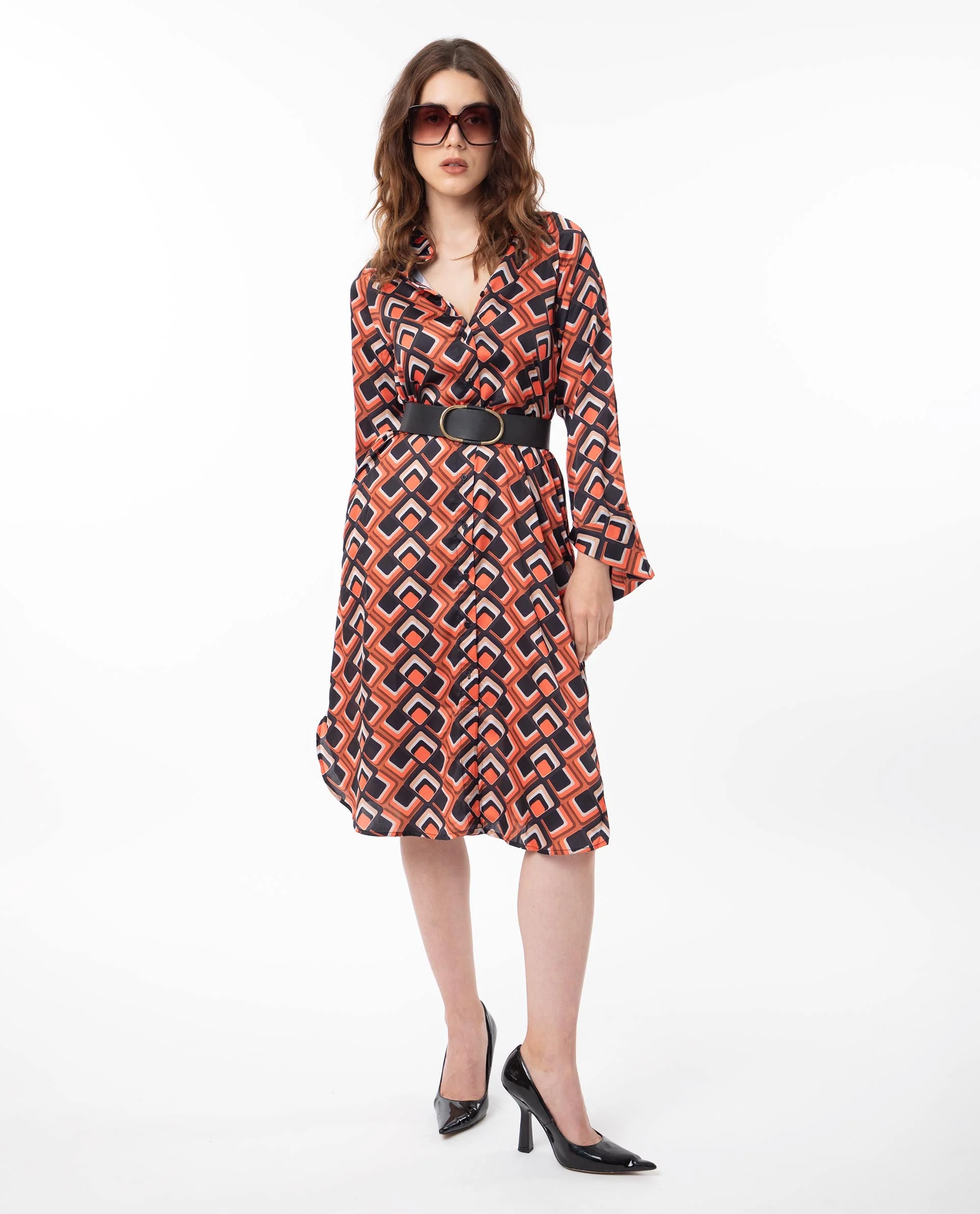 Rareism Women's Zwerg Orange Polyester Spread Collar Geometric Print Raglan Sleeve Knee Length Regular Fit Dress - Image 11