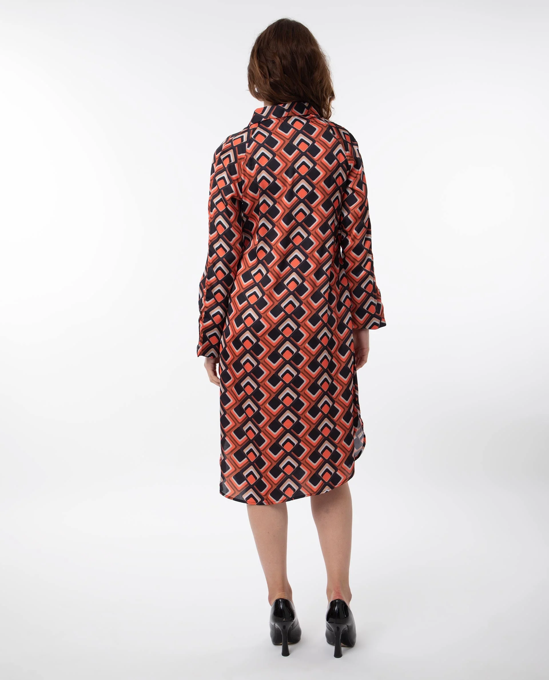 Rareism Women's Zwerg Orange Polyester Spread Collar Geometric Print Raglan Sleeve Knee Length Regular Fit Dress - Image 12