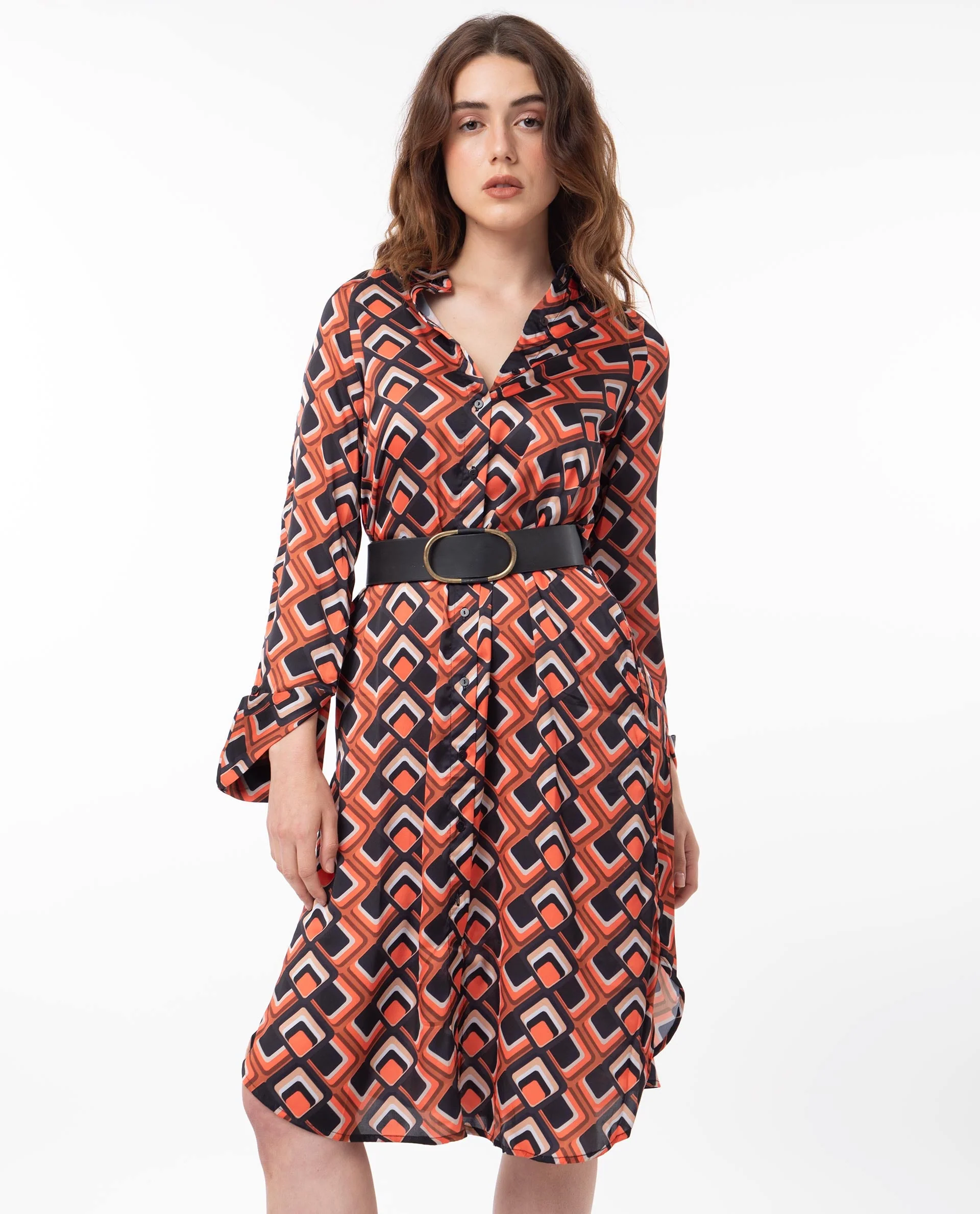 Rareism Women's Zwerg Orange Polyester Spread Collar Geometric Print Raglan Sleeve Knee Length Regular Fit Dress - Image 3