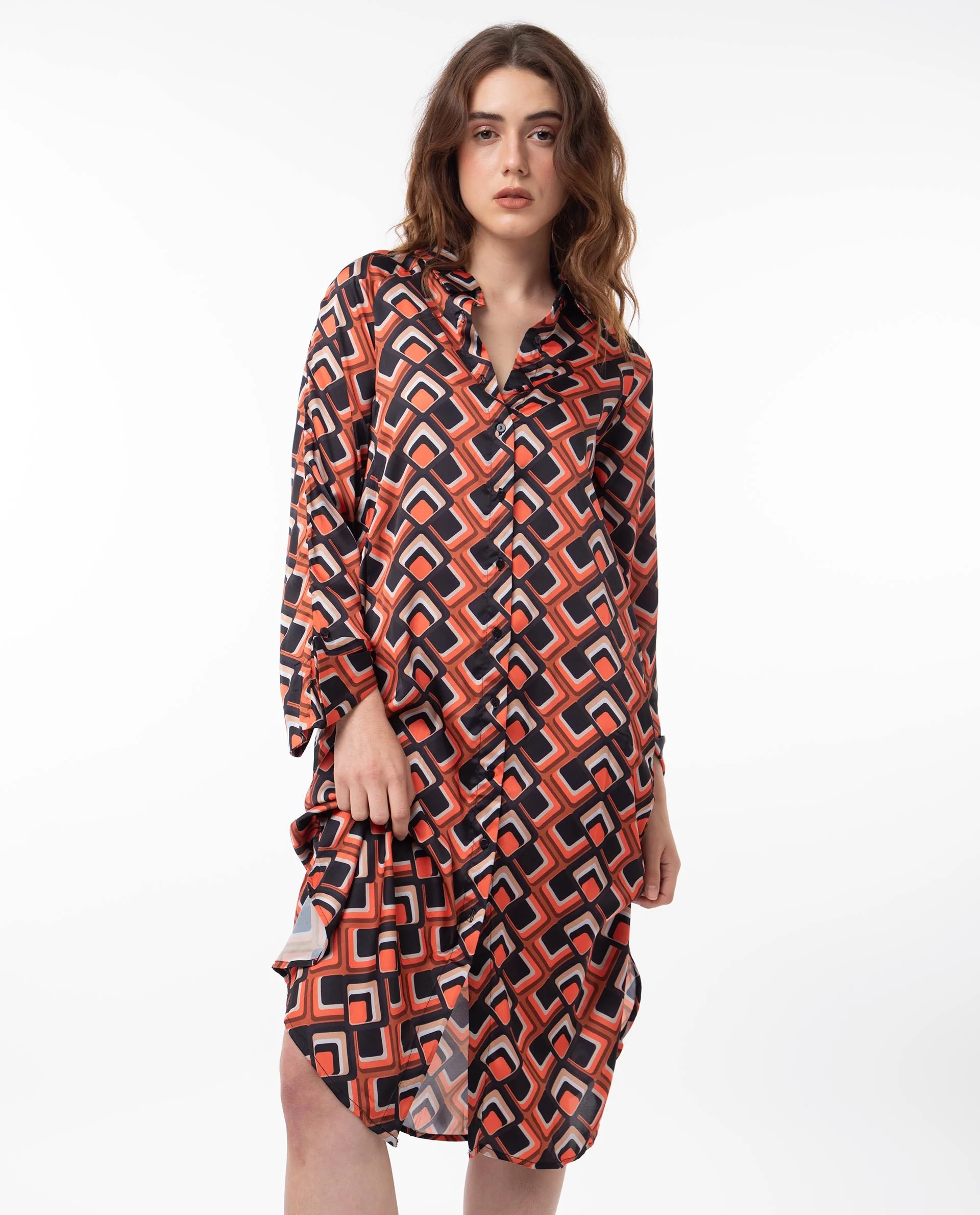 Rareism Women's Zwerg Orange Polyester Spread Collar Geometric Print Raglan Sleeve Knee Length Regular Fit Dress - Image 4