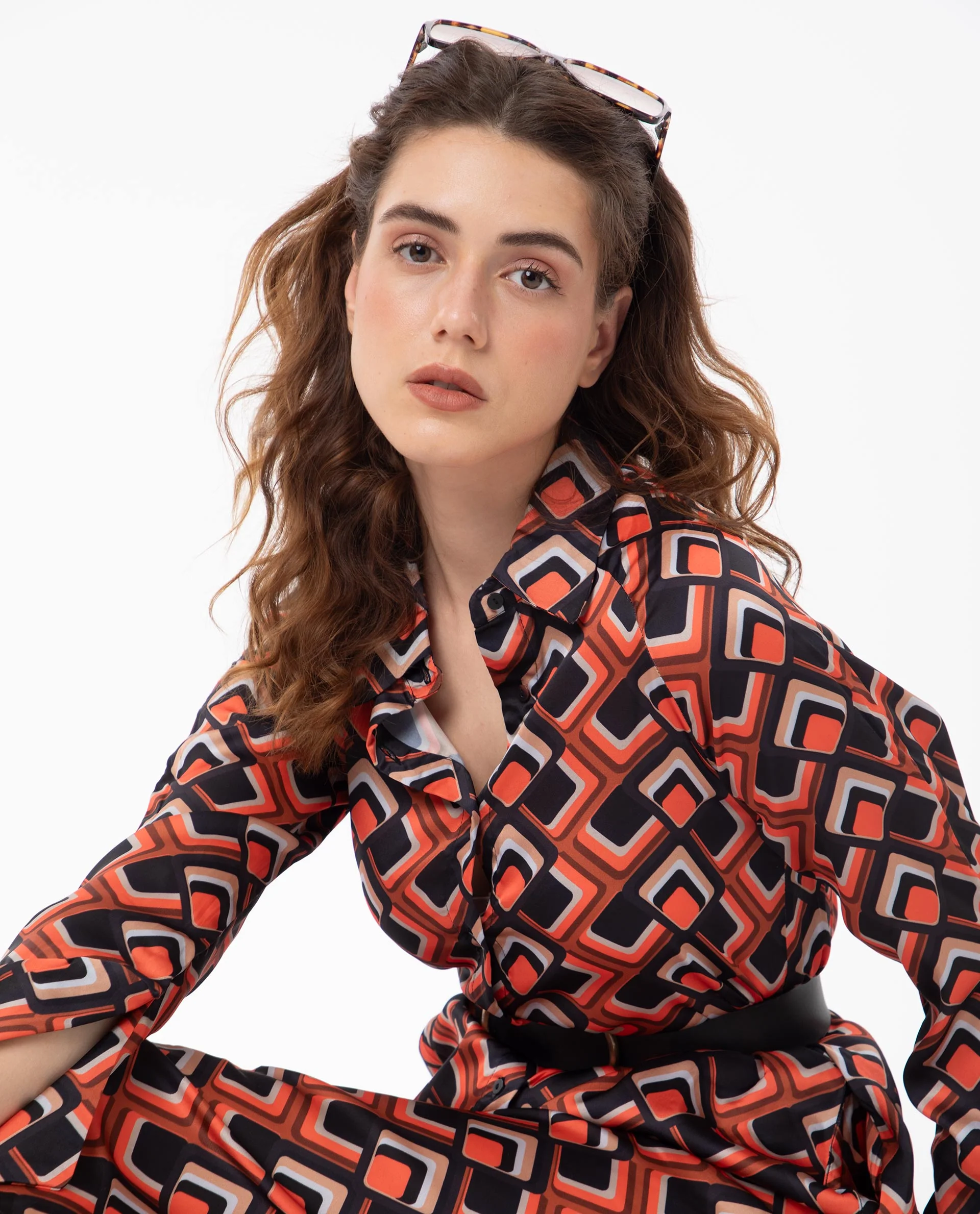 Rareism Women's Zwerg Orange Polyester Spread Collar Geometric Print Raglan Sleeve Knee Length Regular Fit Dress - Image 5