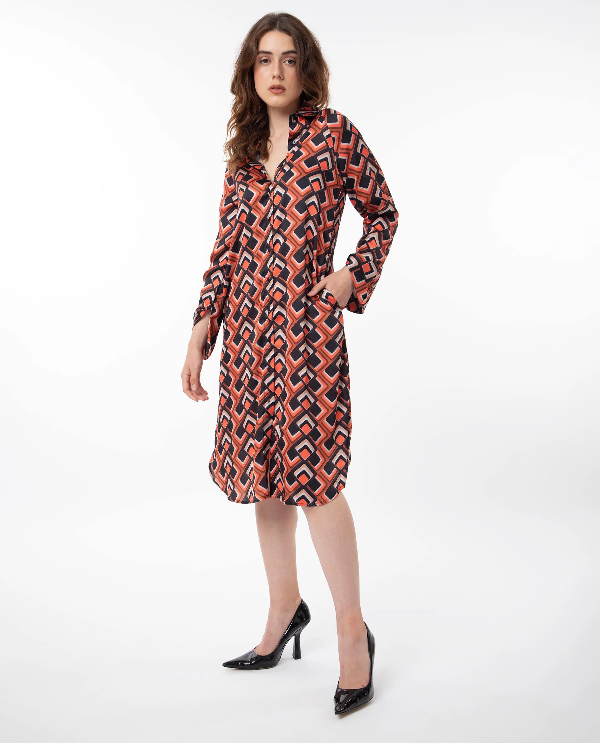 Rareism Women's Zwerg Orange Polyester Spread Collar Geometric Print Raglan Sleeve Knee Length Regular Fit Dress - Image 6