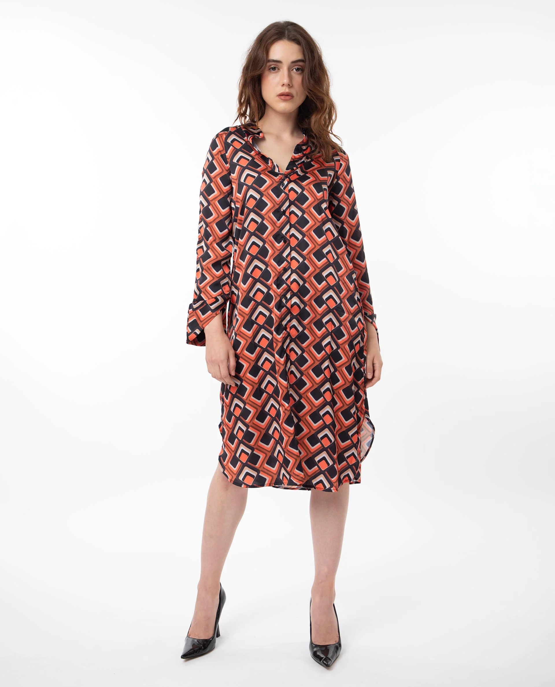 Rareism Women's Zwerg Orange Polyester Spread Collar Geometric Print Raglan Sleeve Knee Length Regular Fit Dress - Image 8