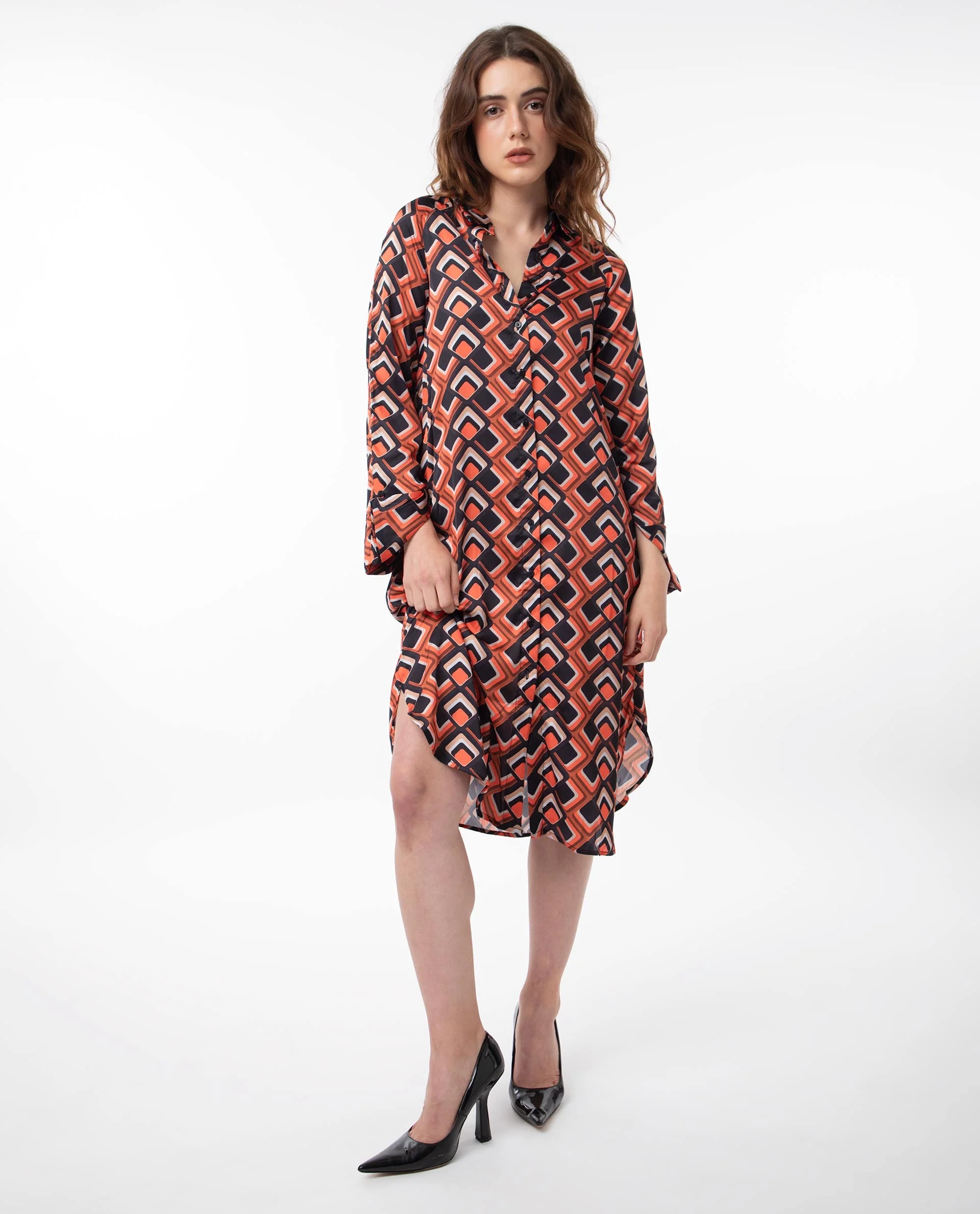 Rareism Women's Zwerg Orange Polyester Spread Collar Geometric Print Raglan Sleeve Knee Length Regular Fit Dress - Image 9