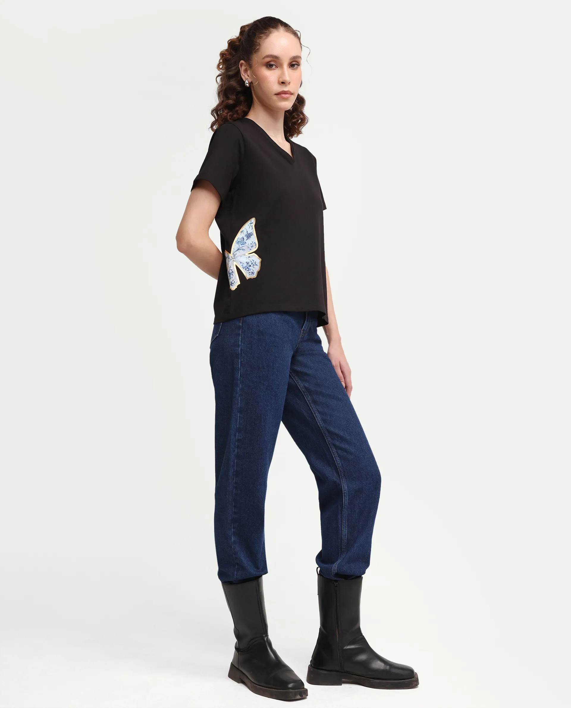 Rareism Women's Zyler Black Cotton Blend Half Sleeve Relaxed Fit Embroidery T-Shirt - Image 2